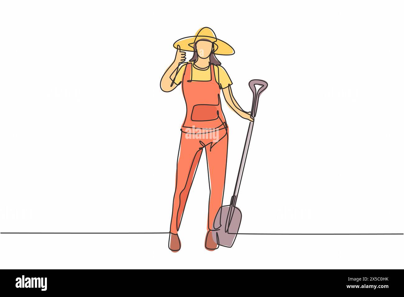 Single one line drawing of female farmer stood with a thumbs-up gesture, wearing a straw hat and carrying a shovel to plant crops on farmland. Continu Stock Vector