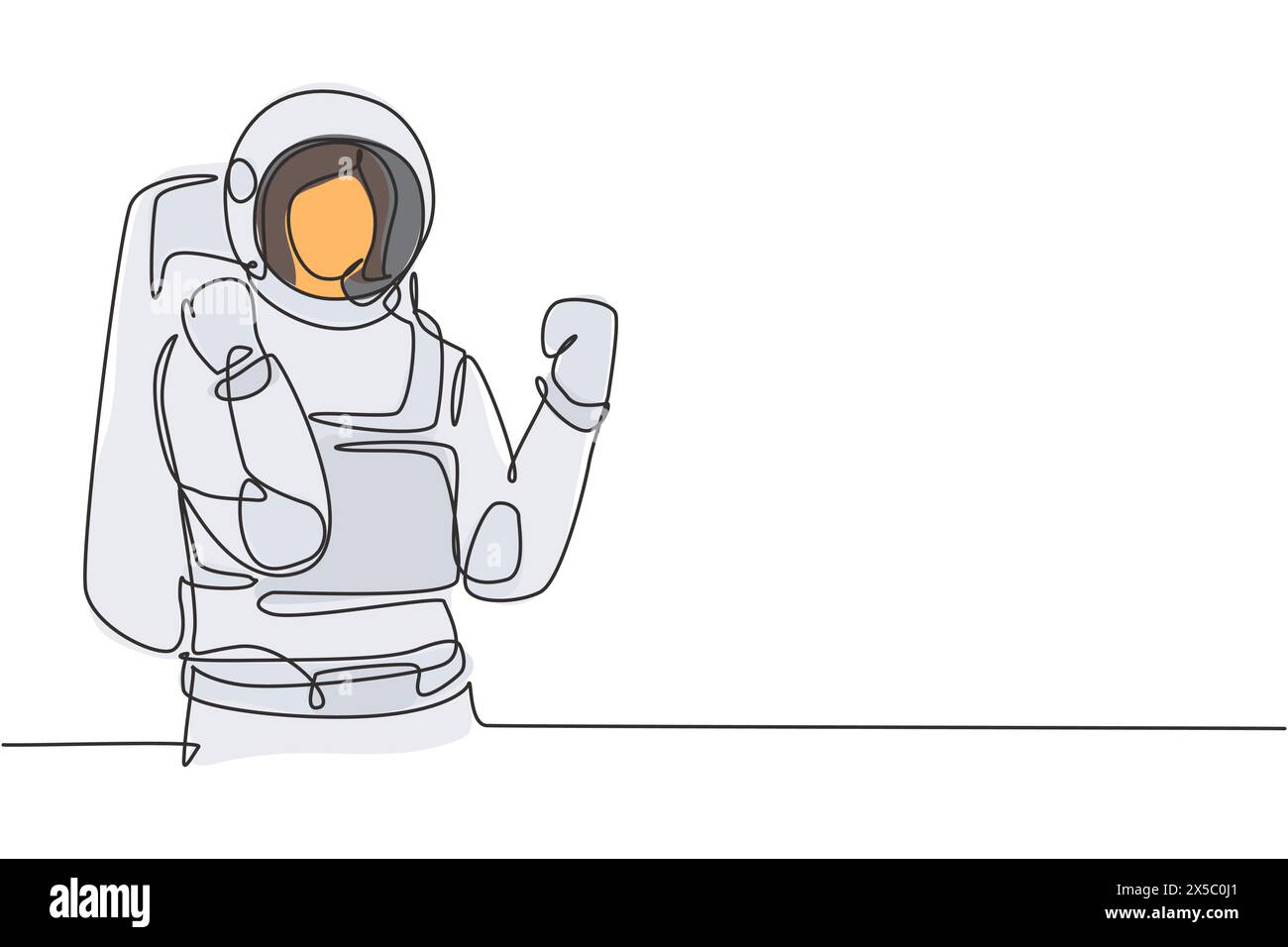 Continuous one line drawing female astronaut with celebrate gesture wearing spacesuits to explore outer space in search mysteries of universe. Single Stock Vector