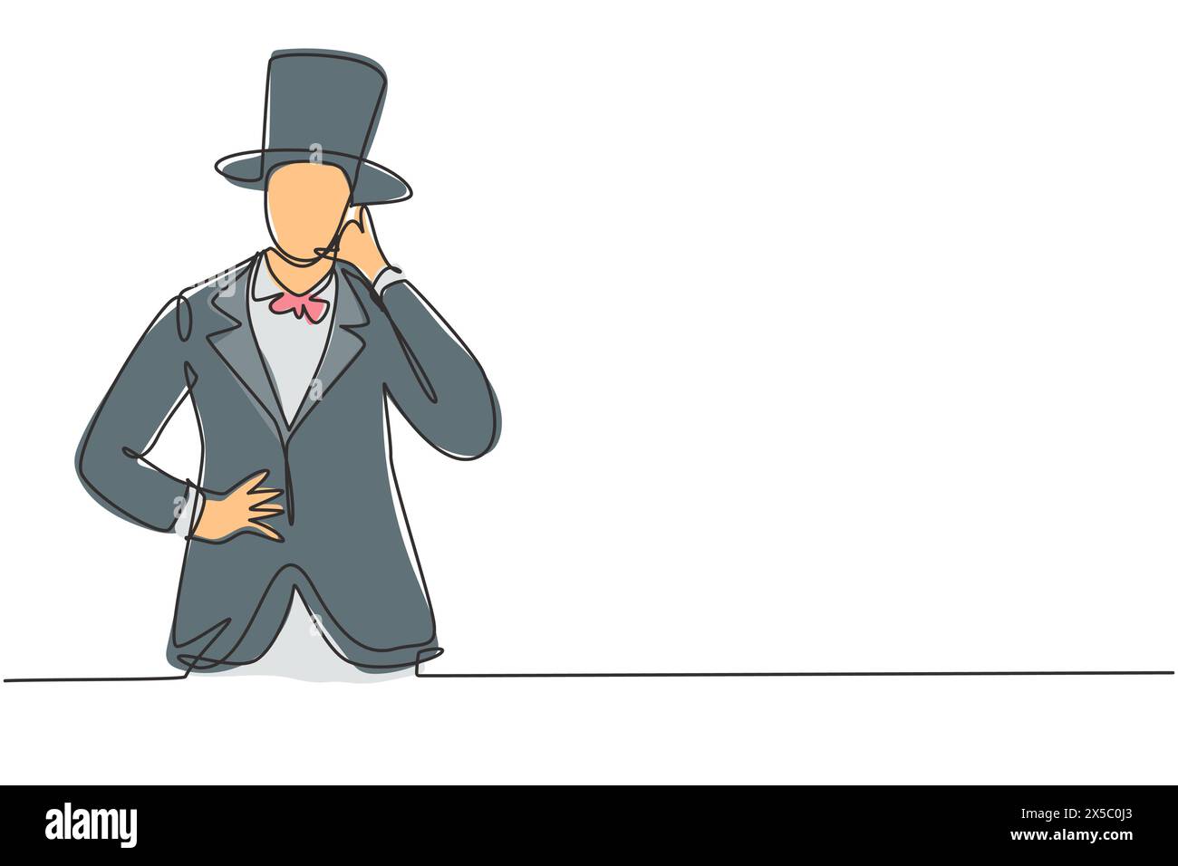 Continuous one line drawing magician with call me gesture wearing hat and holding magic stick ready to entertain audience at television show. Single l Stock Vector