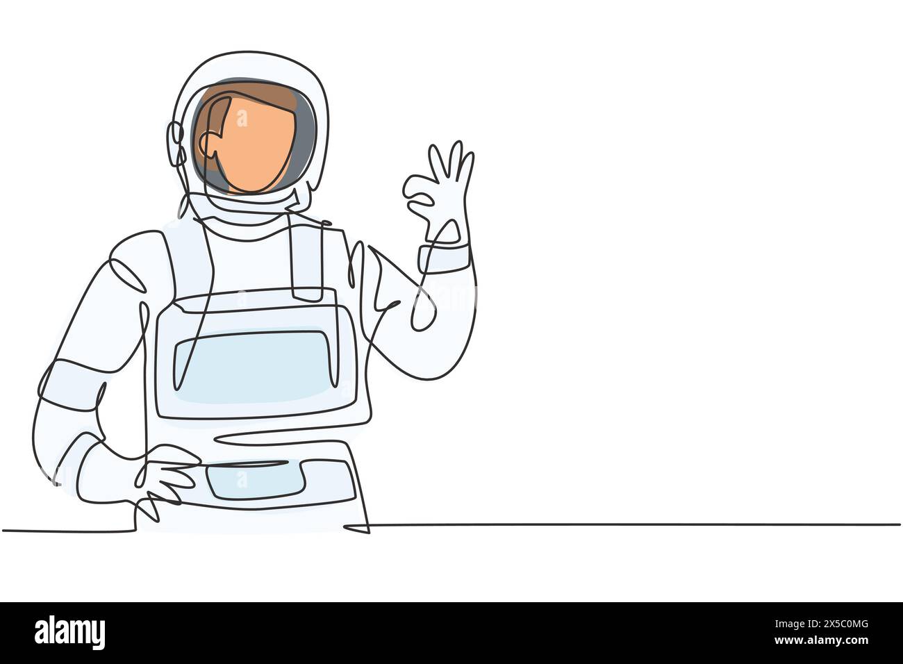 Single one line drawing of male astronauts with gesture okay wearing spacesuits to explore outer space in search mysteries of universe. Modern continu Stock Vector