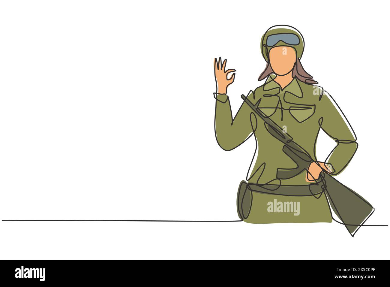 Single continuous line drawing female soldiers with weapon, uniform, gesture okay is ready to defend the country on battlefield against enemy. Dynamic Stock Vector