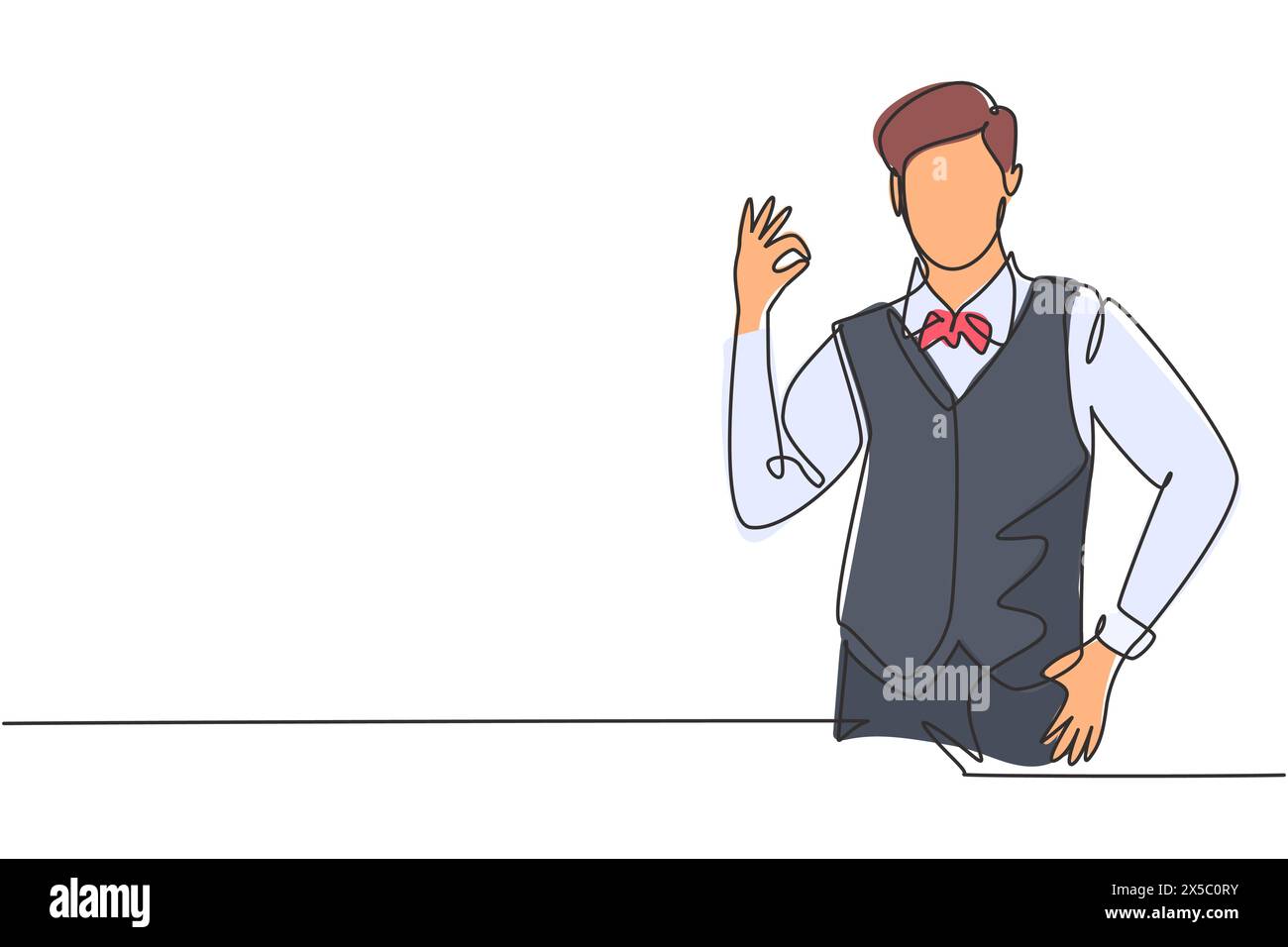Single one line drawing of steward with gesture okay ready to serve airplane passengers in a friendly and warm manner. Professional work. Modern conti Stock Vector