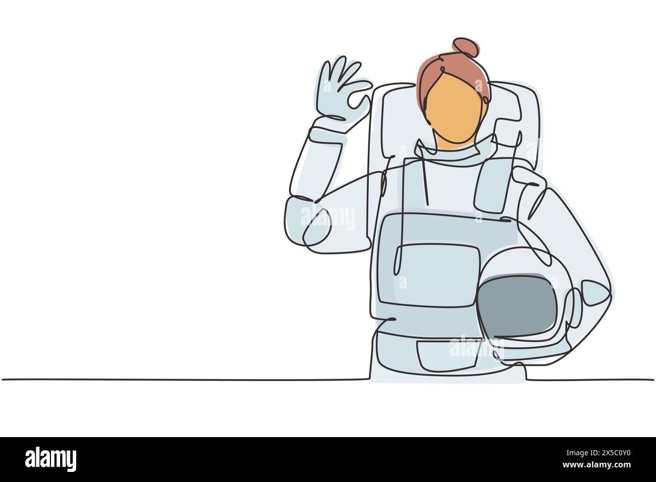 Continuous one line drawing female astronaut with gesture okay wearing spacesuits to explore outer space in search mysteries of universe. Great job. S Stock Vector