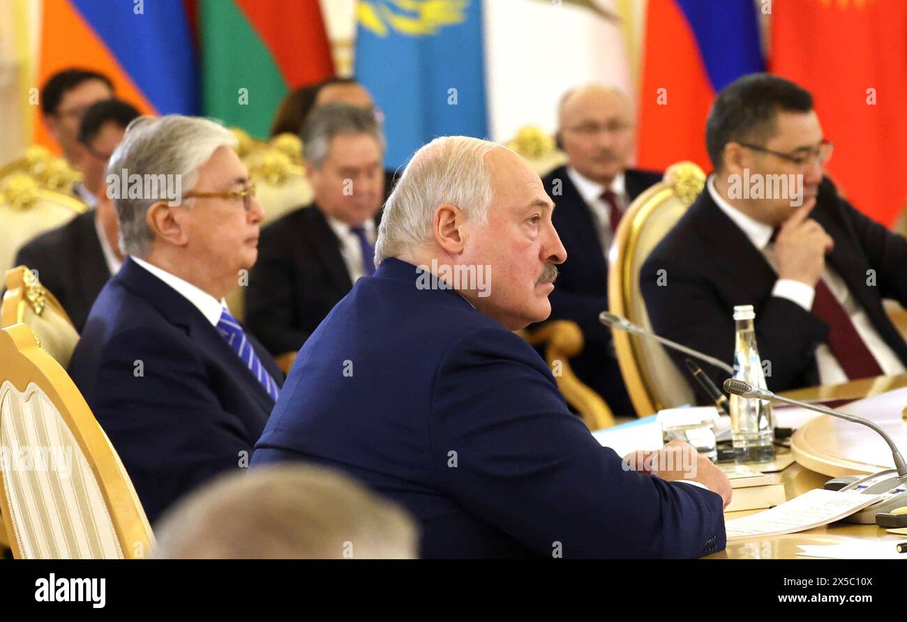 Moscow, Russia. 08th May, 2024. Belarus President Alexander Lukashenko delivers remarks at the meeting of the Supreme Eurasian Economic Council, at the Grand Kremlin Palace, May 8, 2024 in Moscow, Russia. The meeting coincides with the tenth anniversary of the signing of the Treaty on the Eurasian Economic Union. Credit: Alexander Kazakov/Kremlin Pool/Alamy Live News Stock Photo