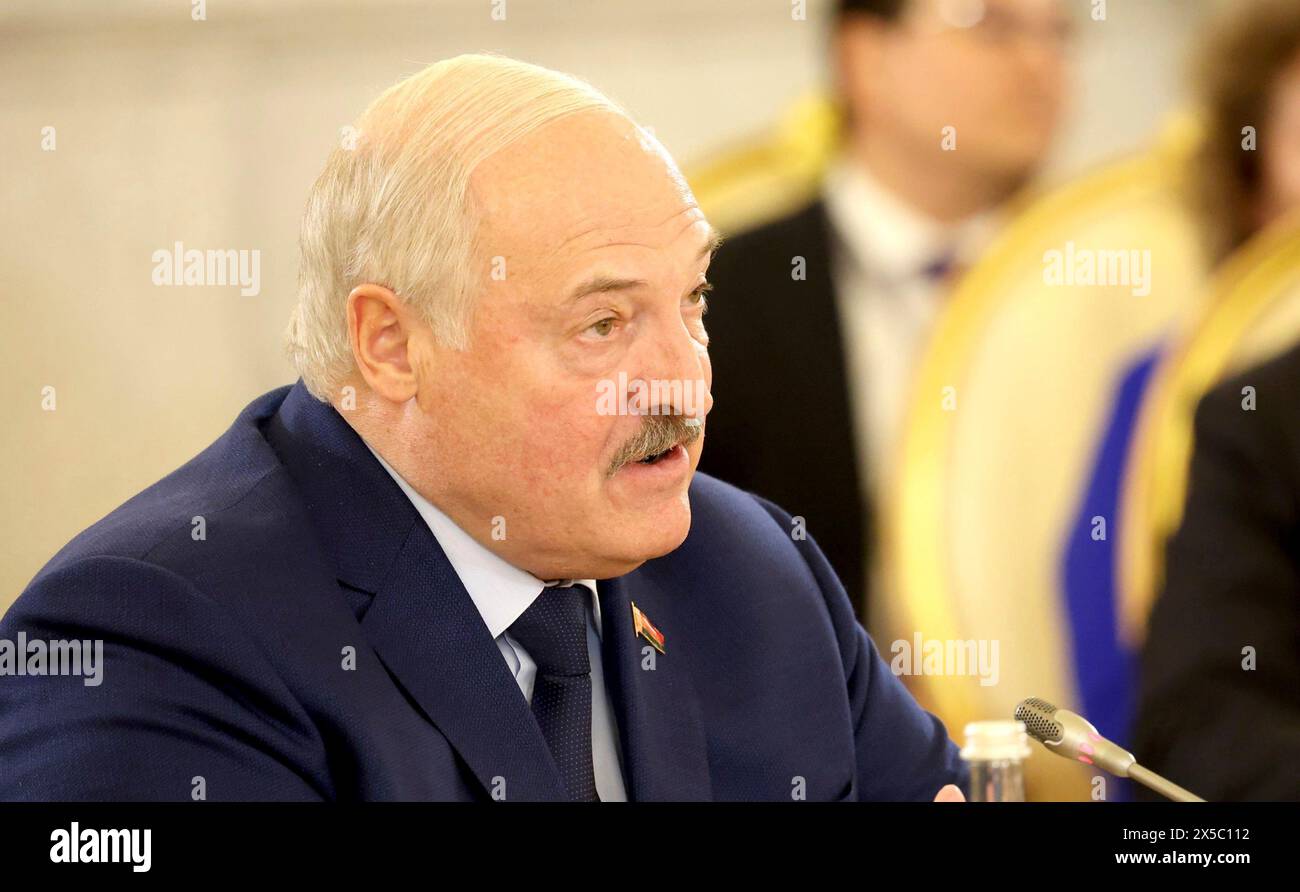 Moscow, Russia. 08th May, 2024. Belarus President Alexander Lukashenko delivers remarks at the meeting of the Supreme Eurasian Economic Council, at the Grand Kremlin Palace, May 8, 2024 in Moscow, Russia. The meeting coincides with the tenth anniversary of the signing of the Treaty on the Eurasian Economic Union. Credit: Alexander Kazakov/Kremlin Pool/Alamy Live News Stock Photo