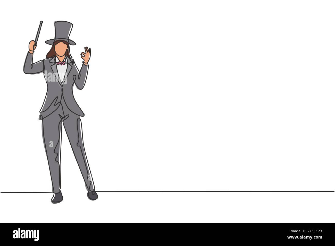 Single continuous line drawing female magician stands with gesture okay wearing hat and holding magic wand performing tricks at circus show. Dynamic o Stock Vector
