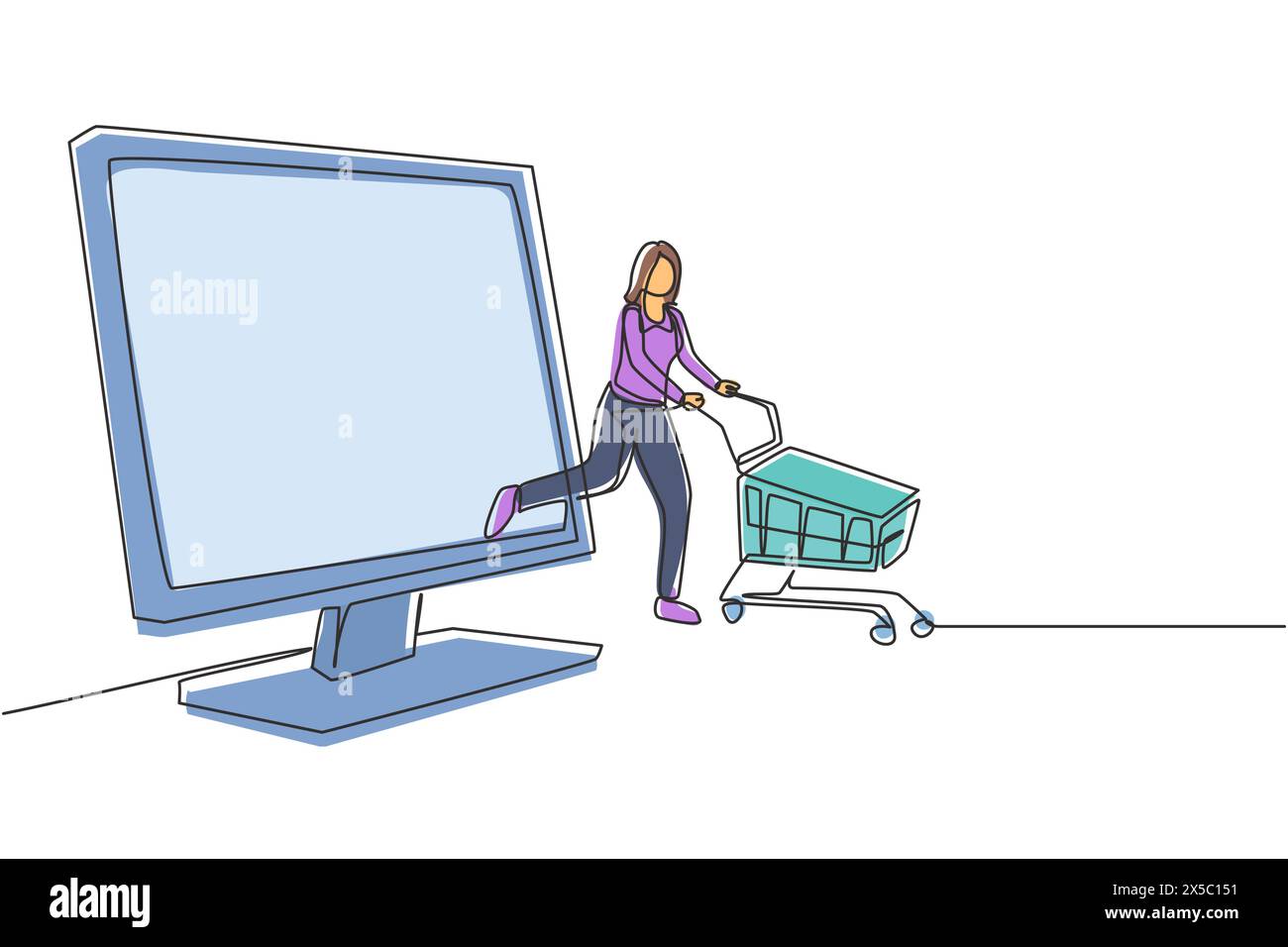 Continuous one line drawing young woman coming out of monitor screen ...