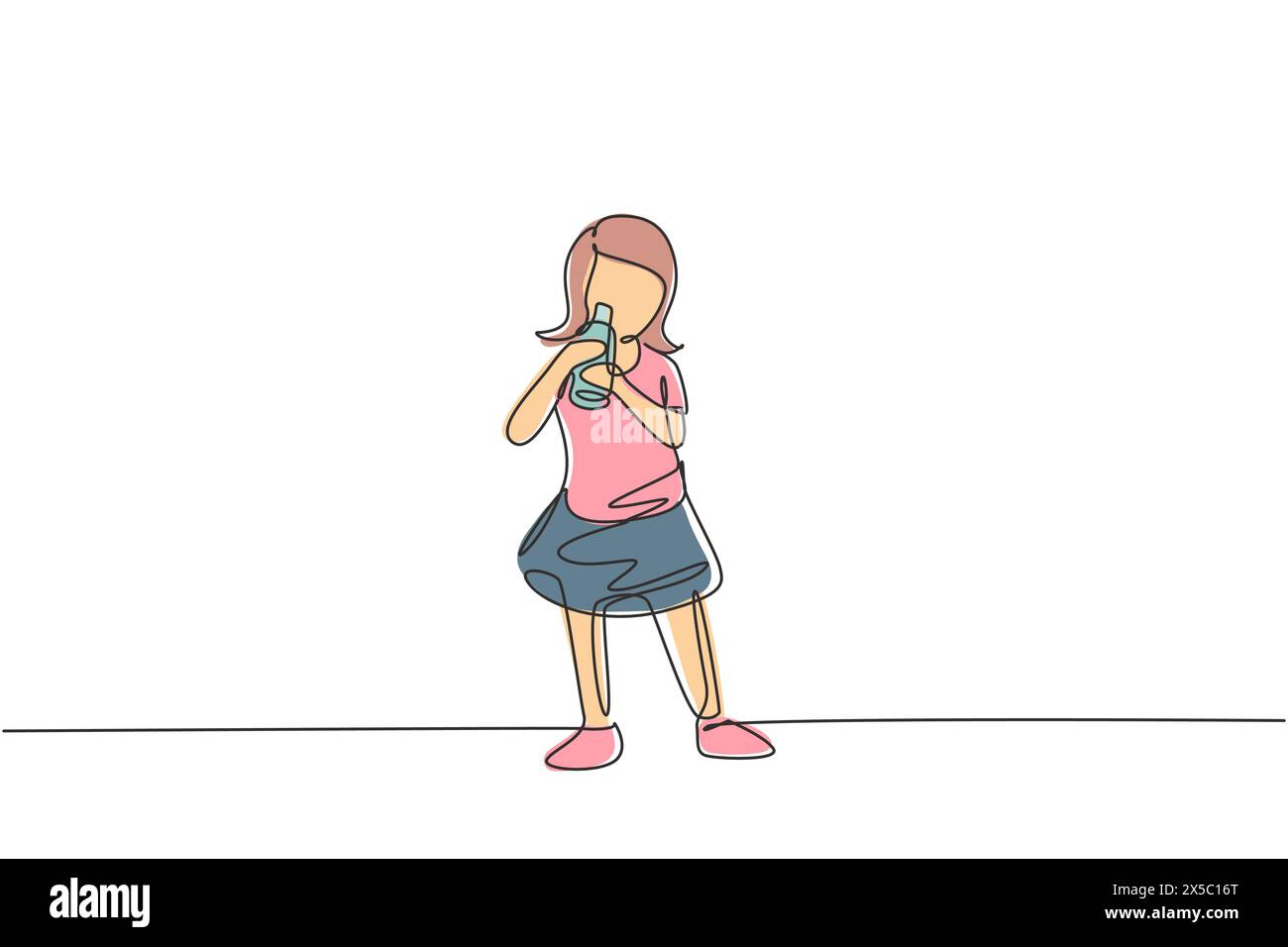 Continuous one line drawing girl standing while drinking milk in a ...