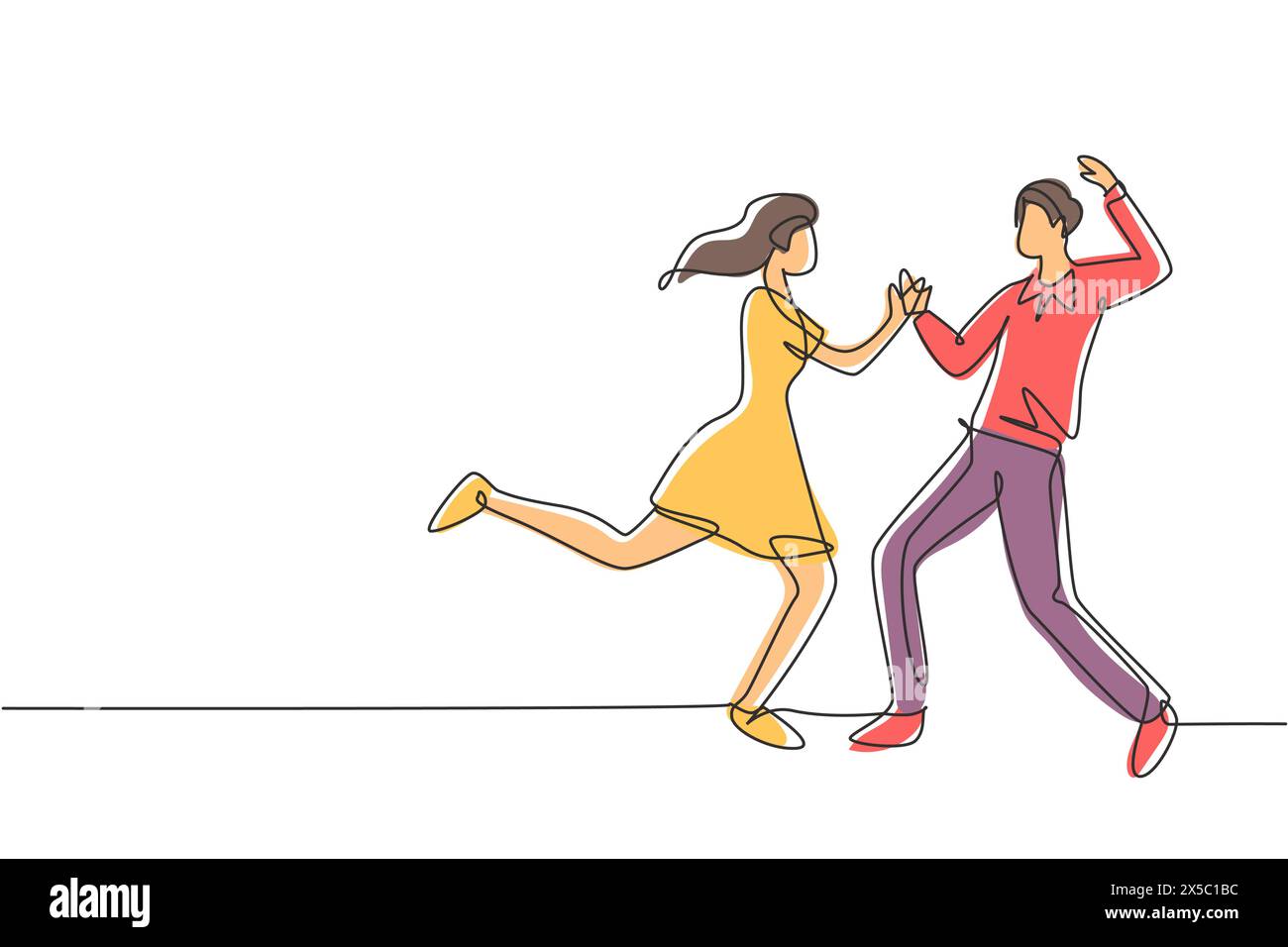 Continuous one line drawing happy couple man and woman performing dance ...