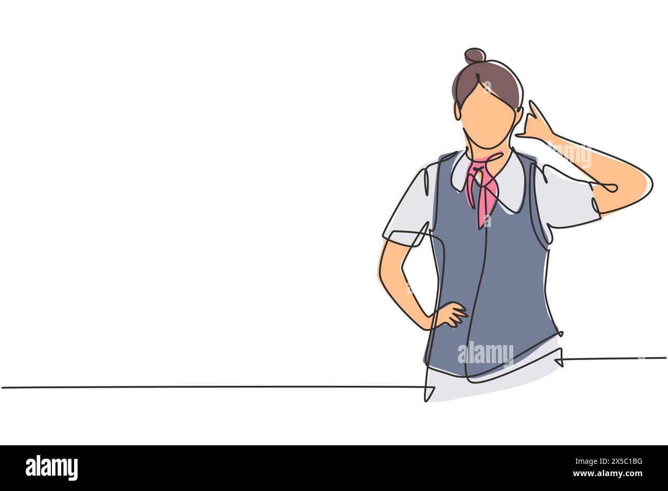 Single one line drawing flight attendant with call me gesture ready to serve airplane passengers in a friendly and warm manner. Success person. Contin Stock Vector
