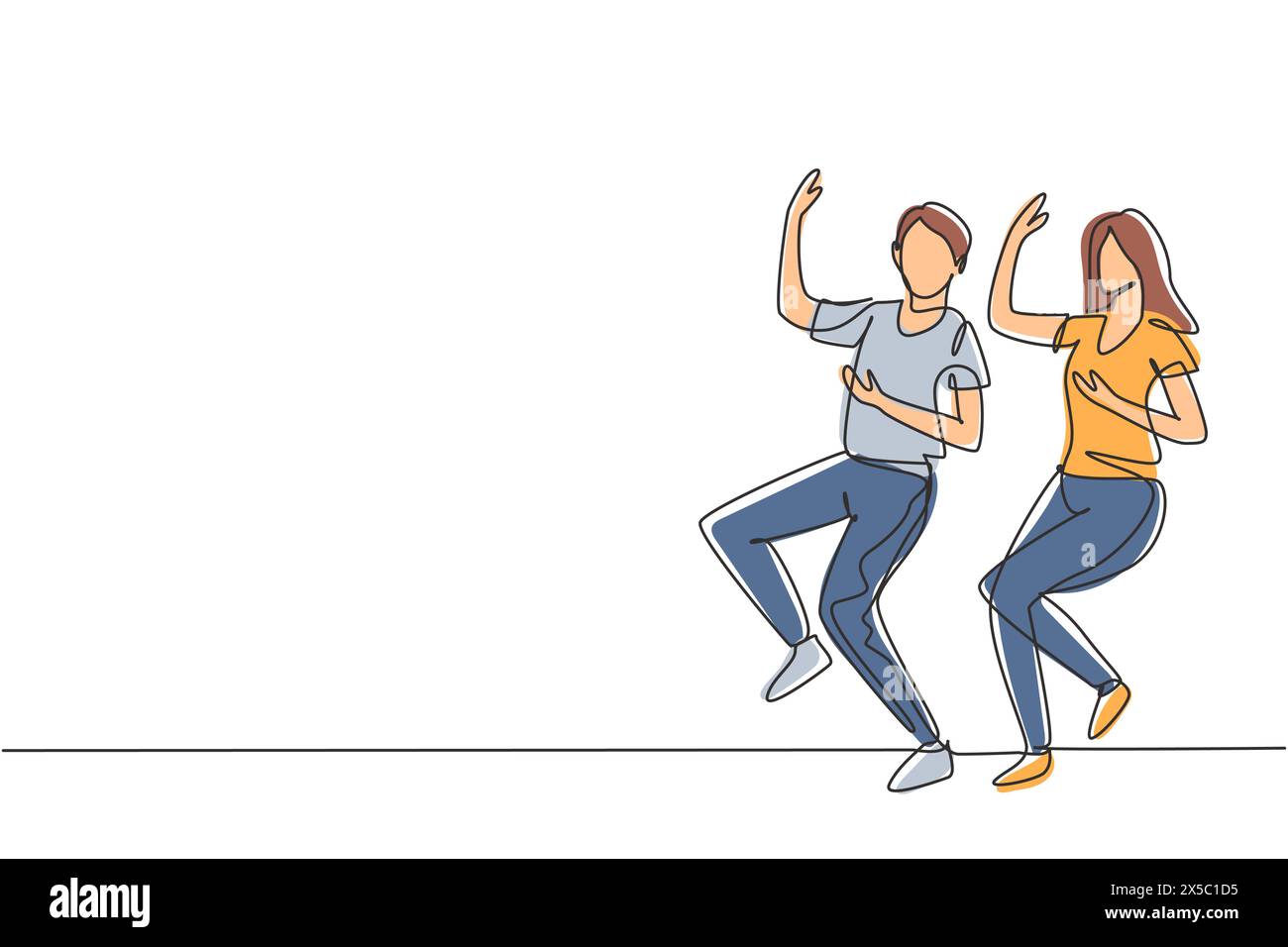 Single continuous line drawing man and woman dancing Lindy hop or Swing. Male and female characters performing dance at school. Happy couple. Dynamic Stock Vector