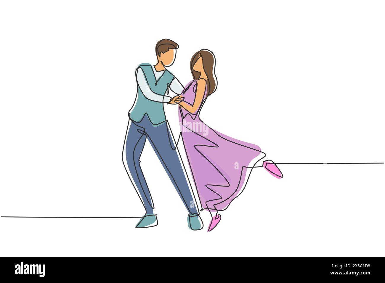 Single continuous line drawing romantic man and woman professional dancer couple dancing tango, waltz dances on dancing contest dancefloor. Dynamic on Stock Vector