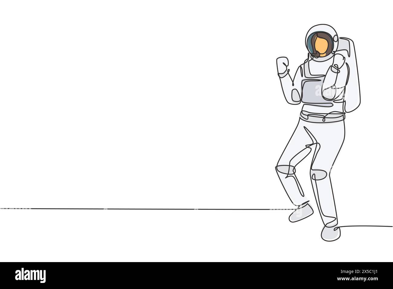 Single one line drawing female astronaut stands with celebrate gesture ...