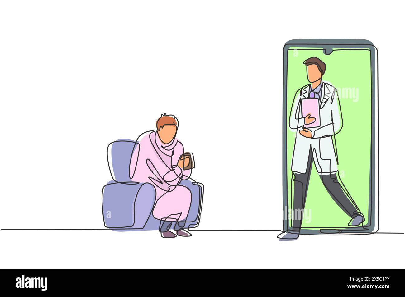 Single one line drawing male patient sitting curled up on sofa, using blanket, holding mug and there is male doctor walking out of smartphone, holding Stock Vector