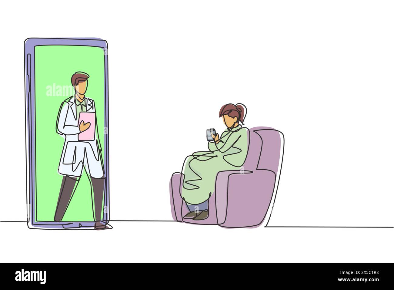 Single continuous line drawing female patient sitting curled up on sofa, using blanket, holding mug and there is male doctor walking out of smartphone Stock Vector