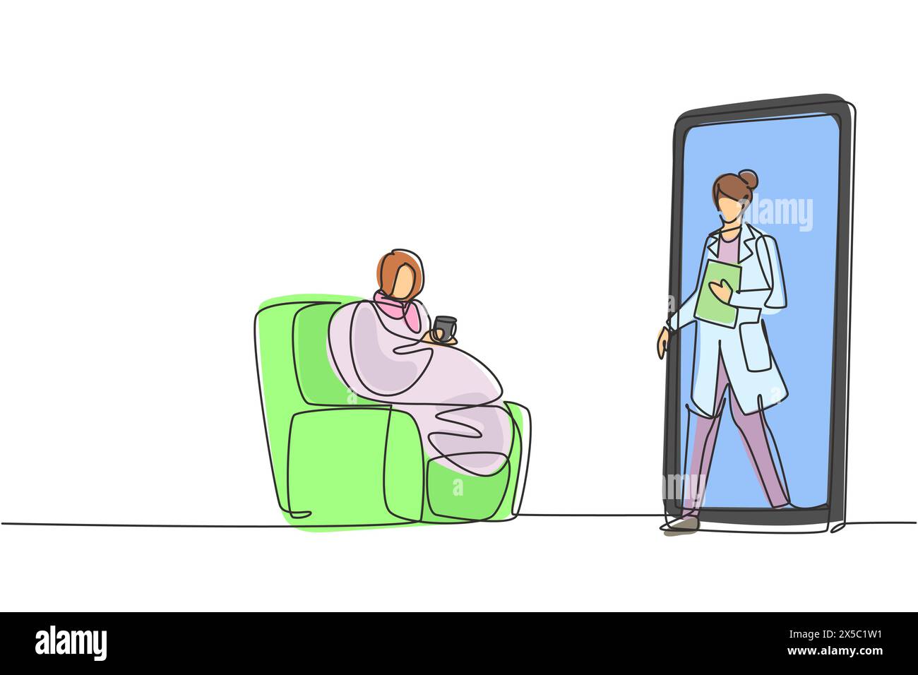 Continuous one line drawing female patient sitting curled up on sofa, using blanket, holding mug and there is female doctor walking out of smartphone, Stock Vector