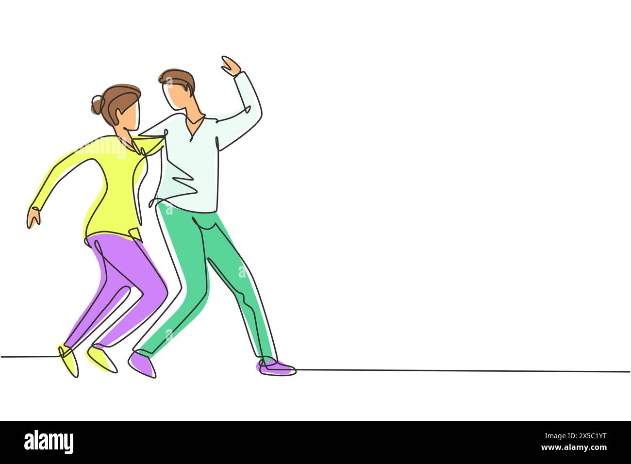 Single one line drawing people dancing salsa. Couples, man and woman in dance. Pairs of dancers with waltz tango and salsa styles moves. Modern contin Stock Vector