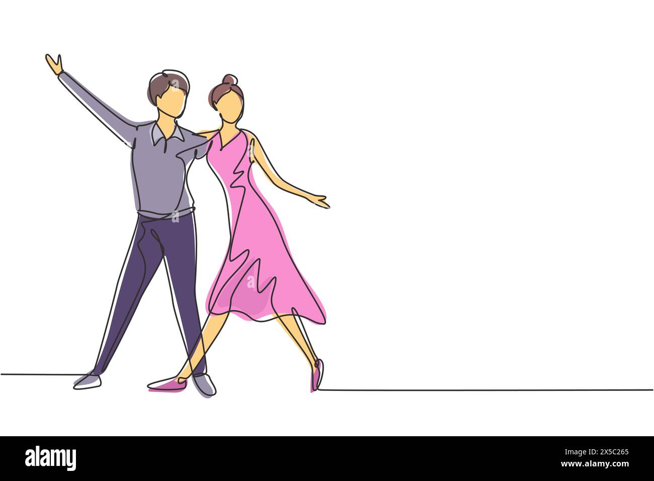 Continuous one line drawing male female professional dancer couple dancing tango, waltz dances together on dancing contest dancefloor. Fun activity. S Stock Vector