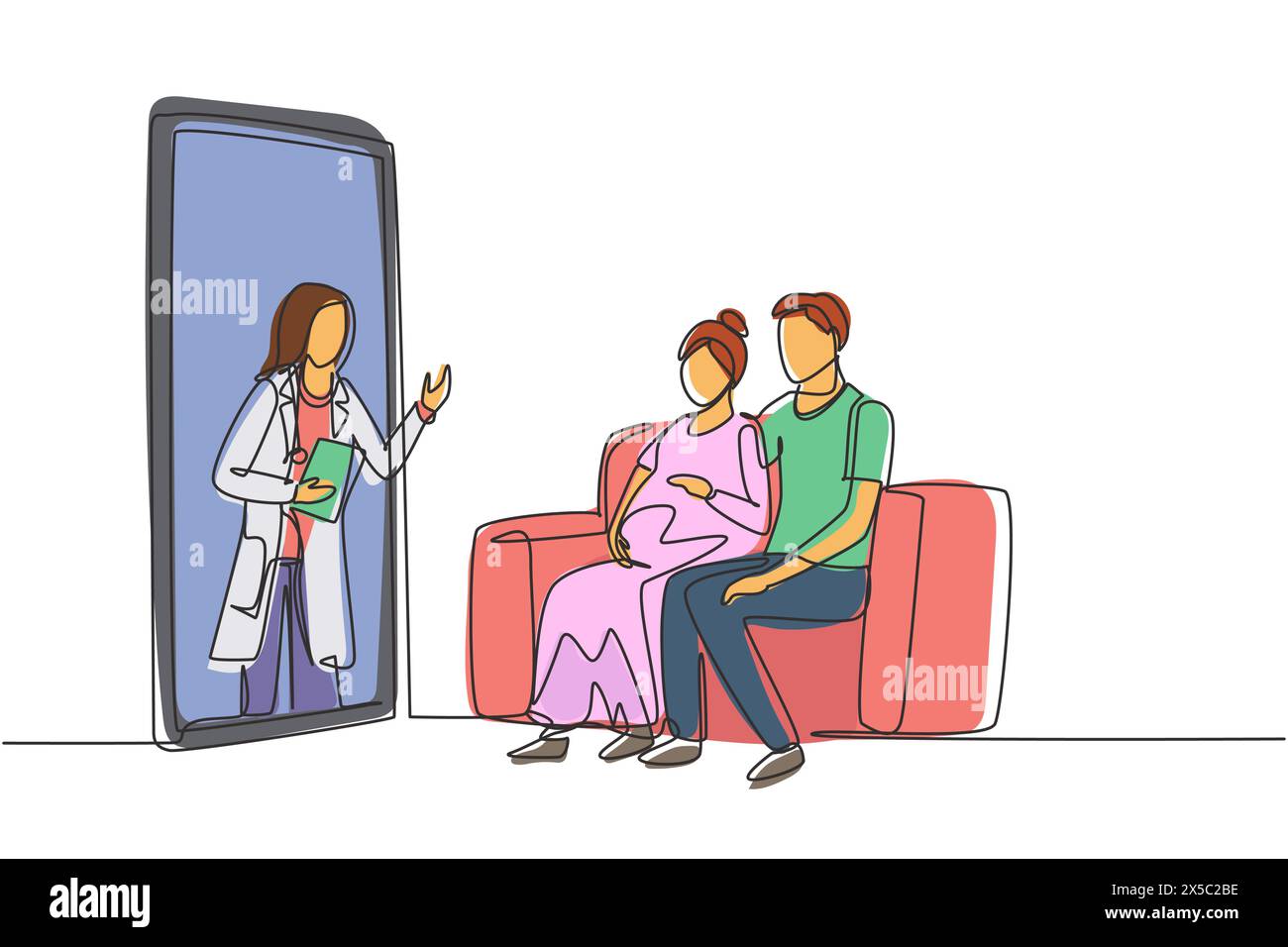 Continuous one line drawing female doctor comes out from smartphone screen facing patient and gives consultation to patient young couple with pregnant Stock Vector