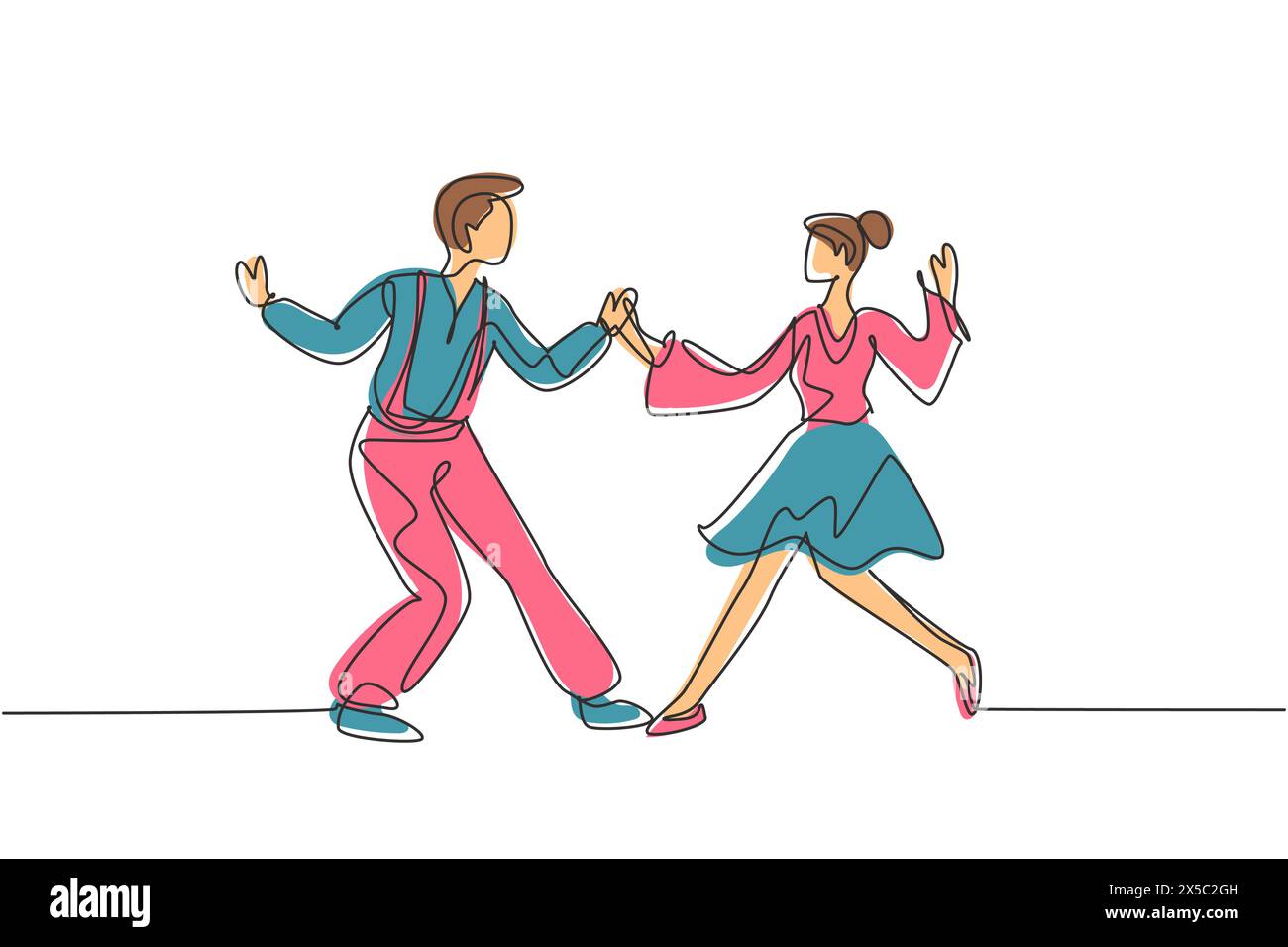Continuous one line drawing man and woman dancing Lindy hop or Swing together. Male and female characters performing dance at school or party. Single Stock Vector