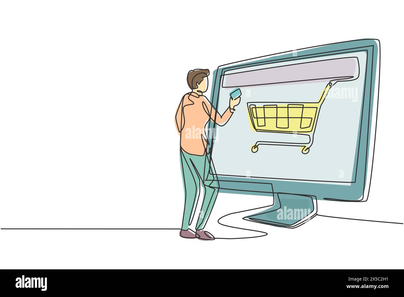 Continuous one line drawing young man shopping online via giant ...