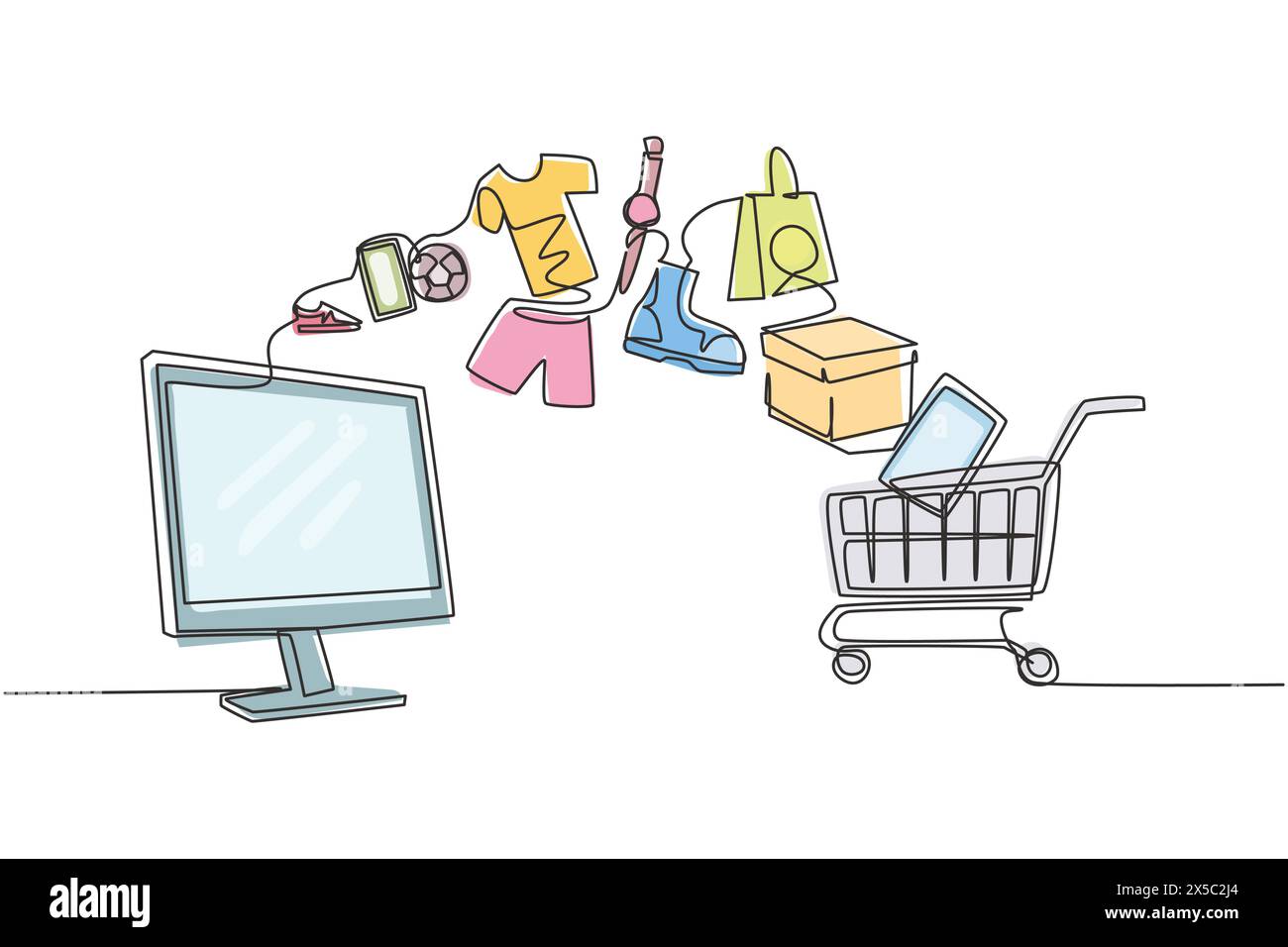 Single one line drawing monitor screen and shopping cart with products ...