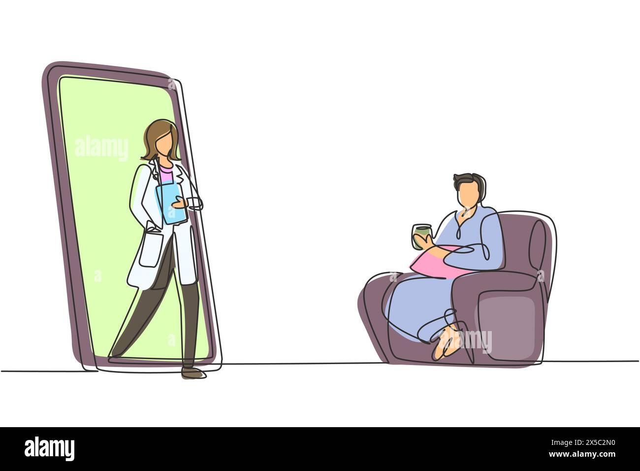 Single continuous line drawing male patient sitting curled up on sofa, using blanket, holding mug and there is female doctor walking out of smartphone Stock Vector