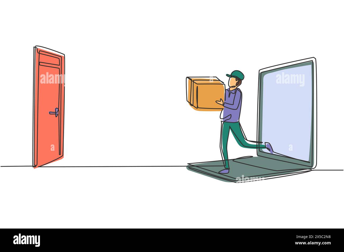 Continuous one line drawing male courier comes out of laptop screen while carrying package box to customer's door. Online delivery service concept. Si Stock Vector