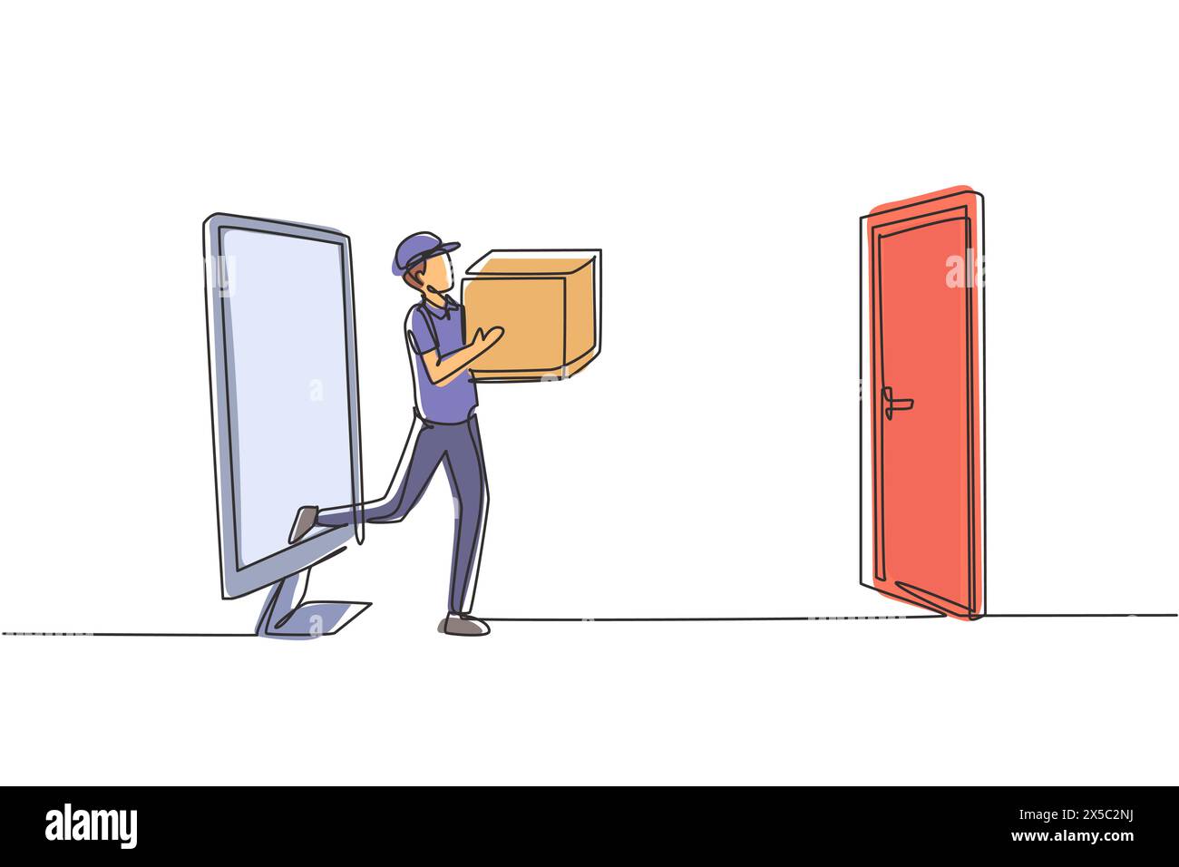 Single one line drawing courier comes out of the monitor screen while carrying package box to customer's door. Online delivery service. Modern continu Stock Vector