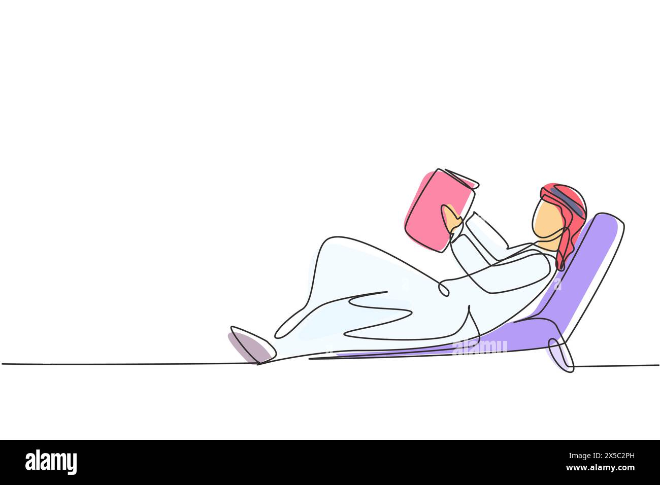 Single continuous line drawing young Arab man reading, learning and laying down on recliner sofa. Literature fans or lovers. Education concept. Dynami Stock Vector