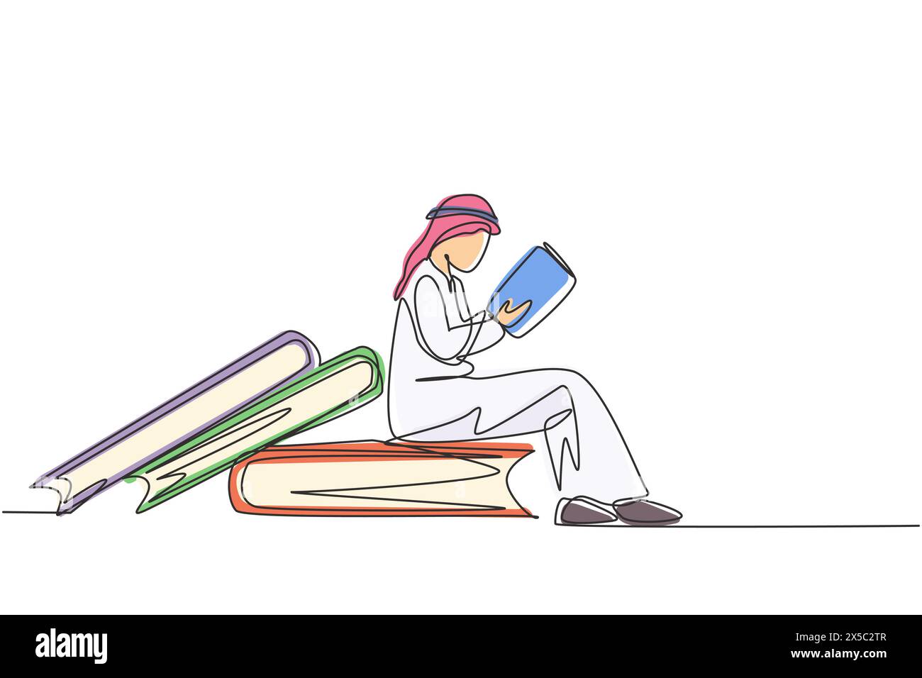 Single one line drawing young Arab student male reading, learning and ...