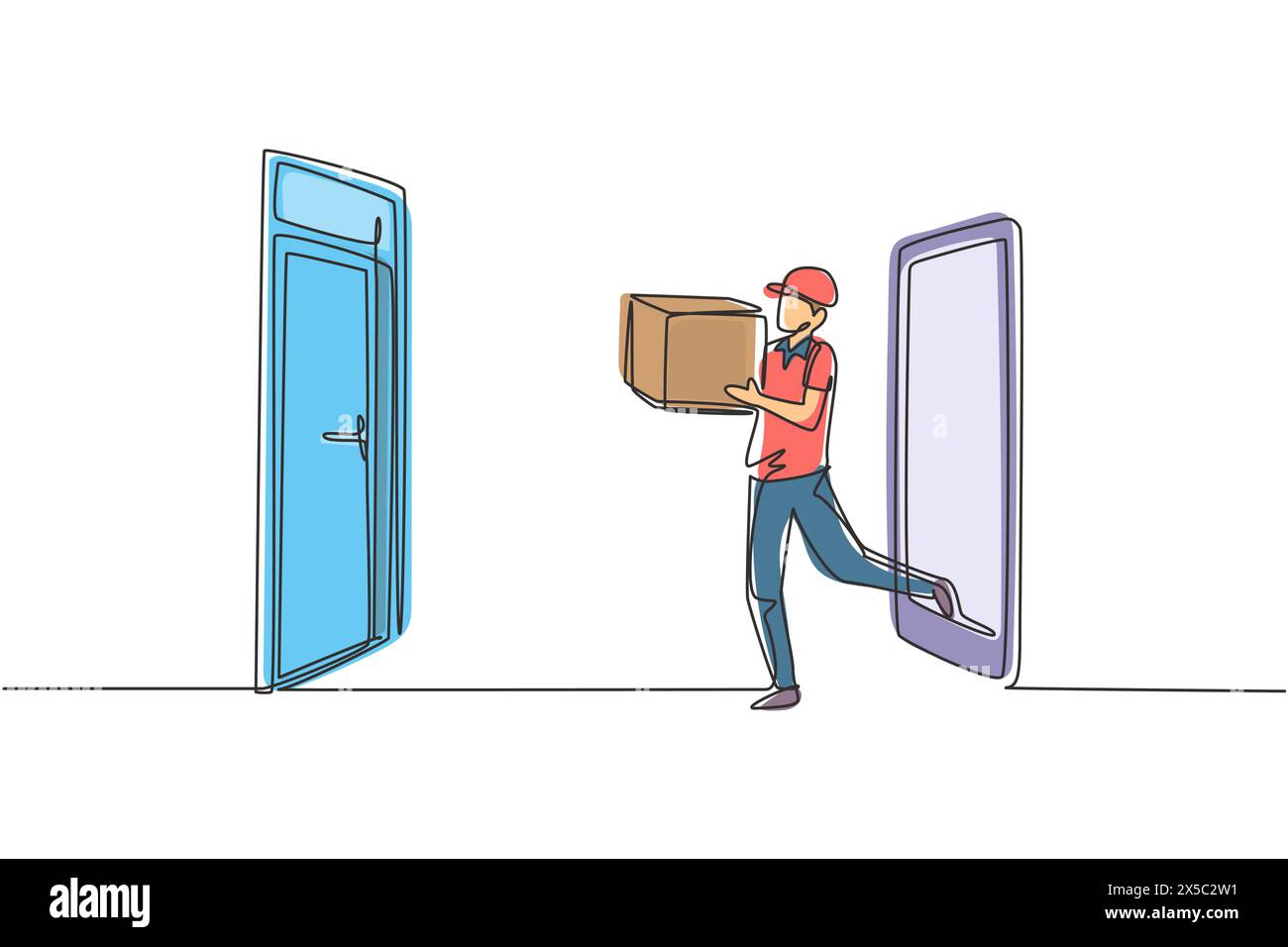 Single continuous line drawing male courier comes out of the smartphone screen while carrying package box to customer's door. Online delivery service. Stock Vector