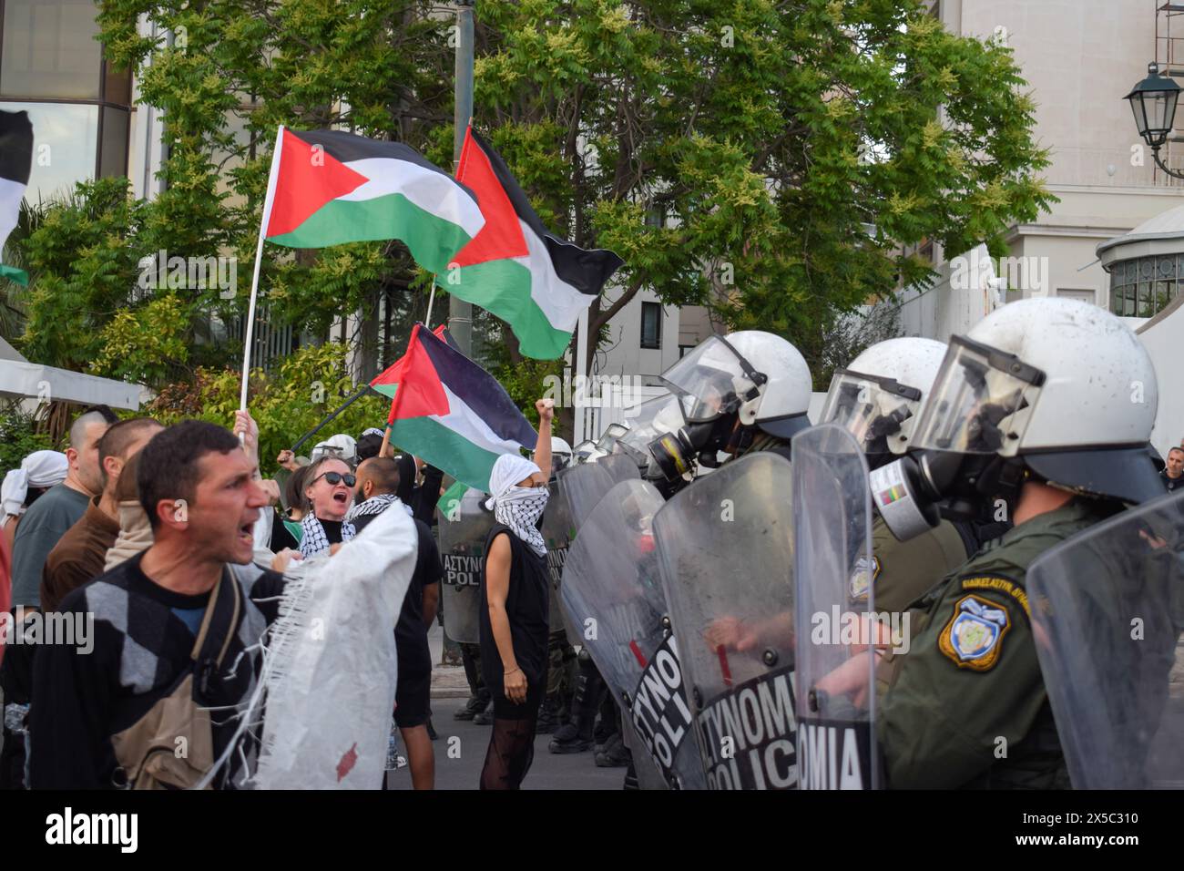 Athens, Greece. 07th May, 2024. Protesters with banner and Palestinian ...
