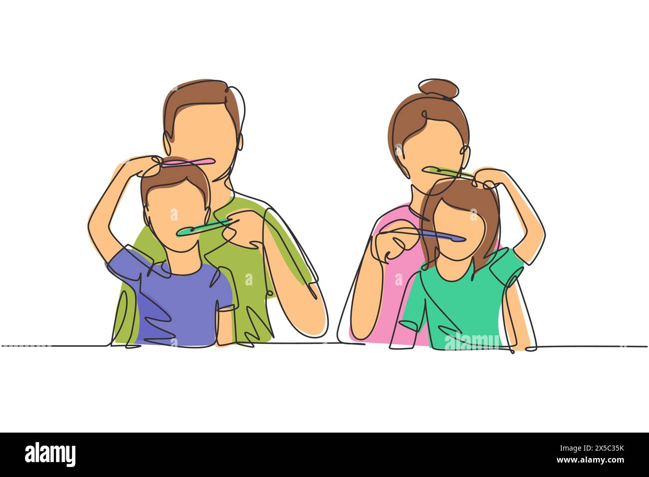 Single continuous line drawing smiling children brushes their teeth ...