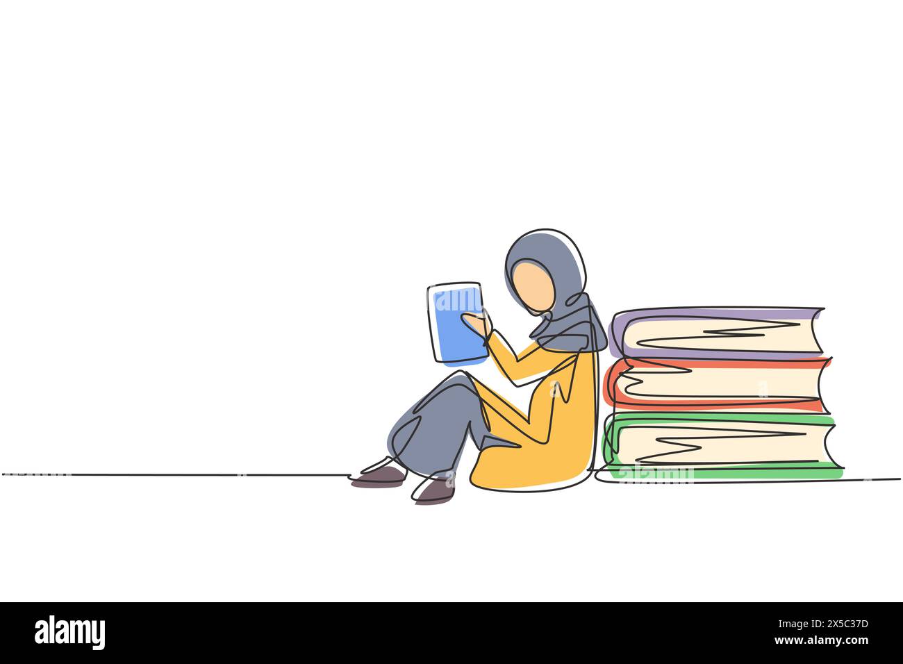 Single continuous line drawing Arab little girl reading, learning and backrest on pile of big books. Study at home. Smart student, education. Dynamic Stock Vector