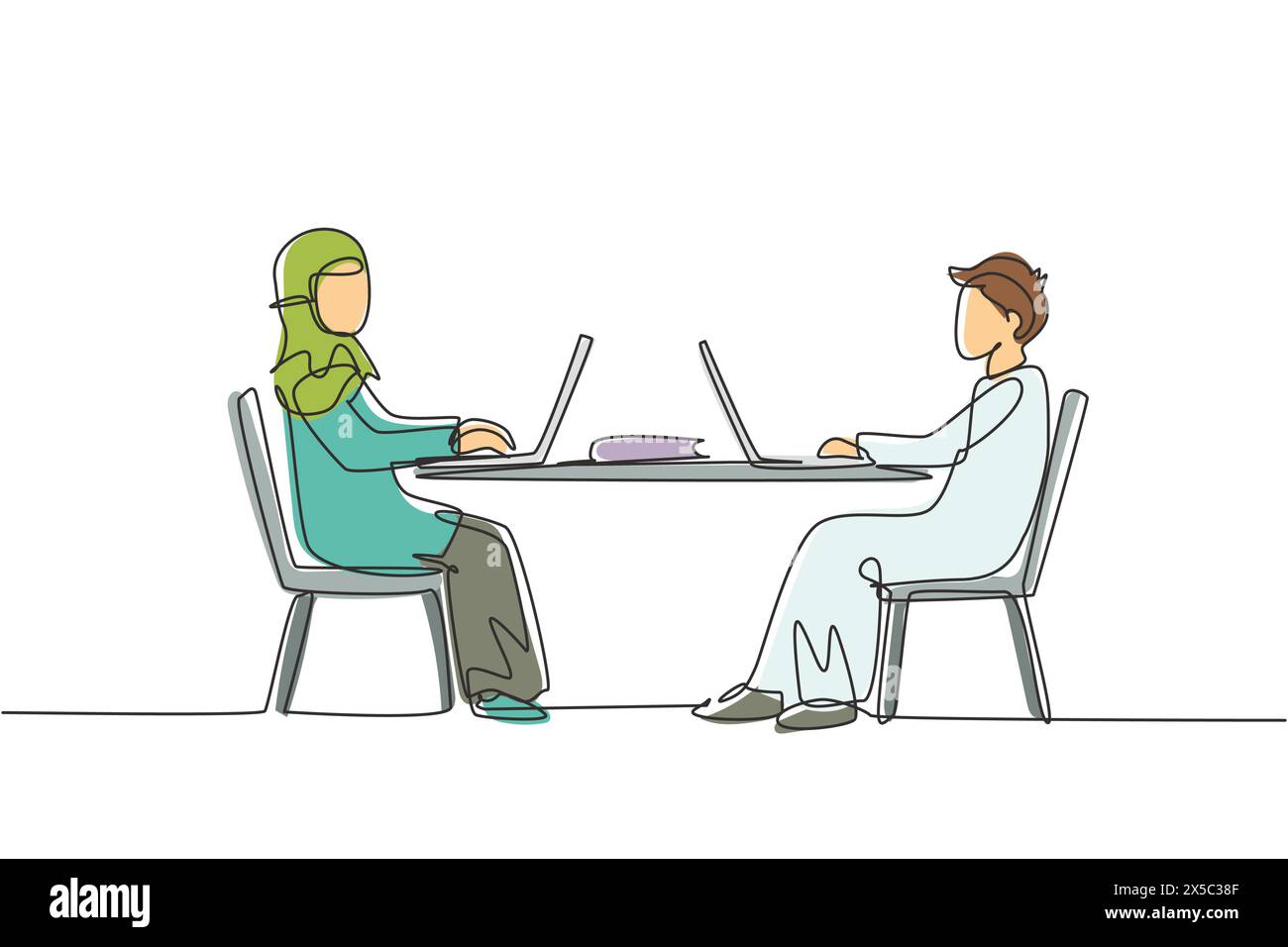 Single continuous line drawing Arabian boy and girl students studying with laptop and sitting on chairs around desk. Back to school, online education. Stock Vector