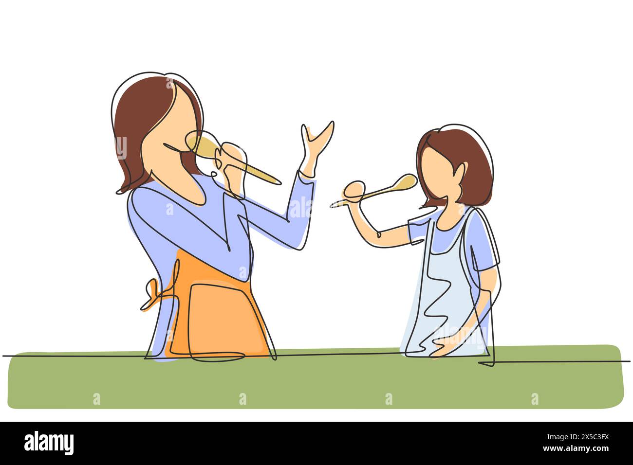 Single one line drawing cheerful mom and her little daughter singing while cooking together, using spatula and broccoli as microphones. Modern continu Stock Vector