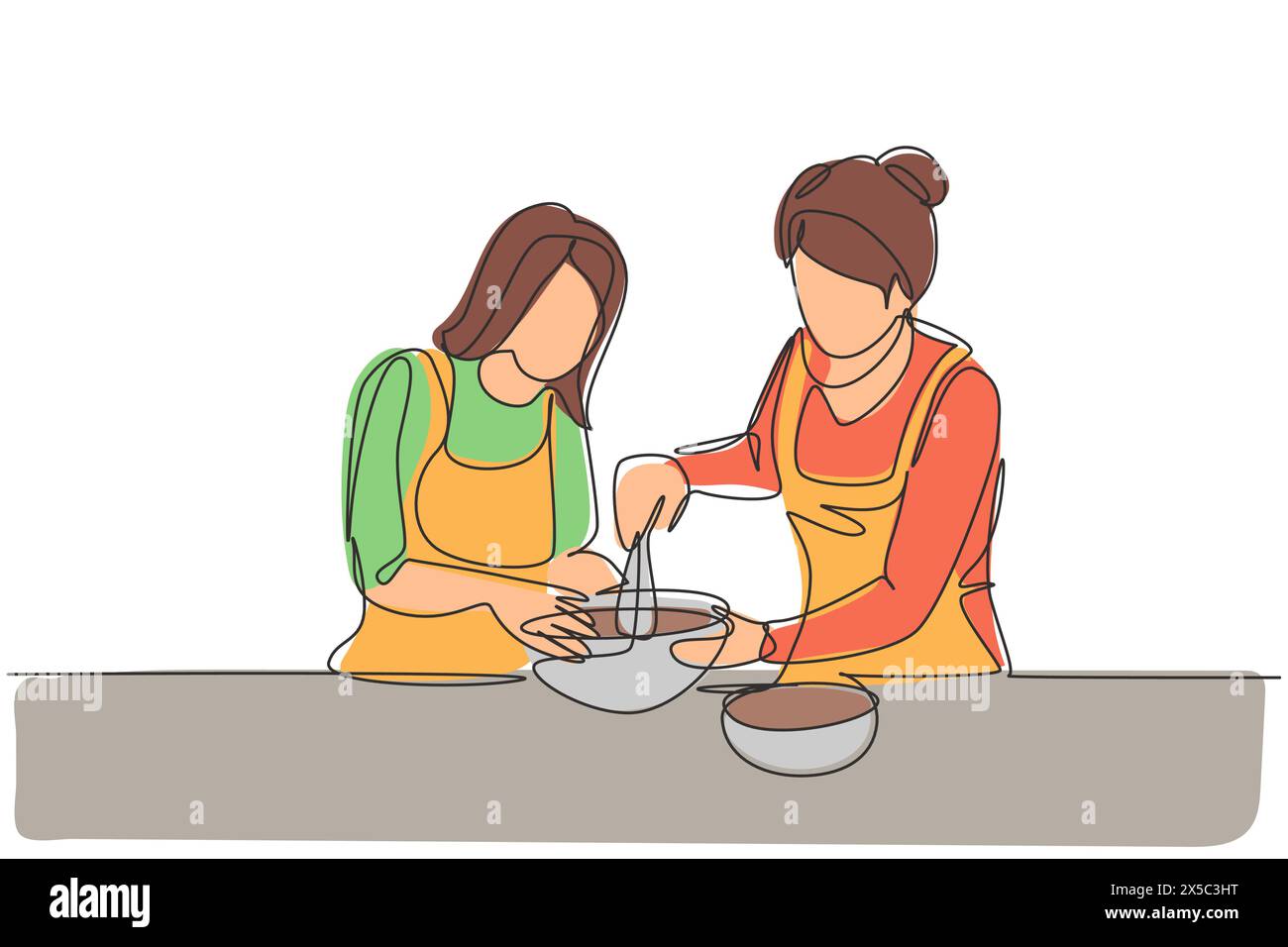 Single one line drawing happy family grandmother mother-in-law and daughter-in-law daughter knead cake dough using manual hand mixer. Modern continuou Stock Vector