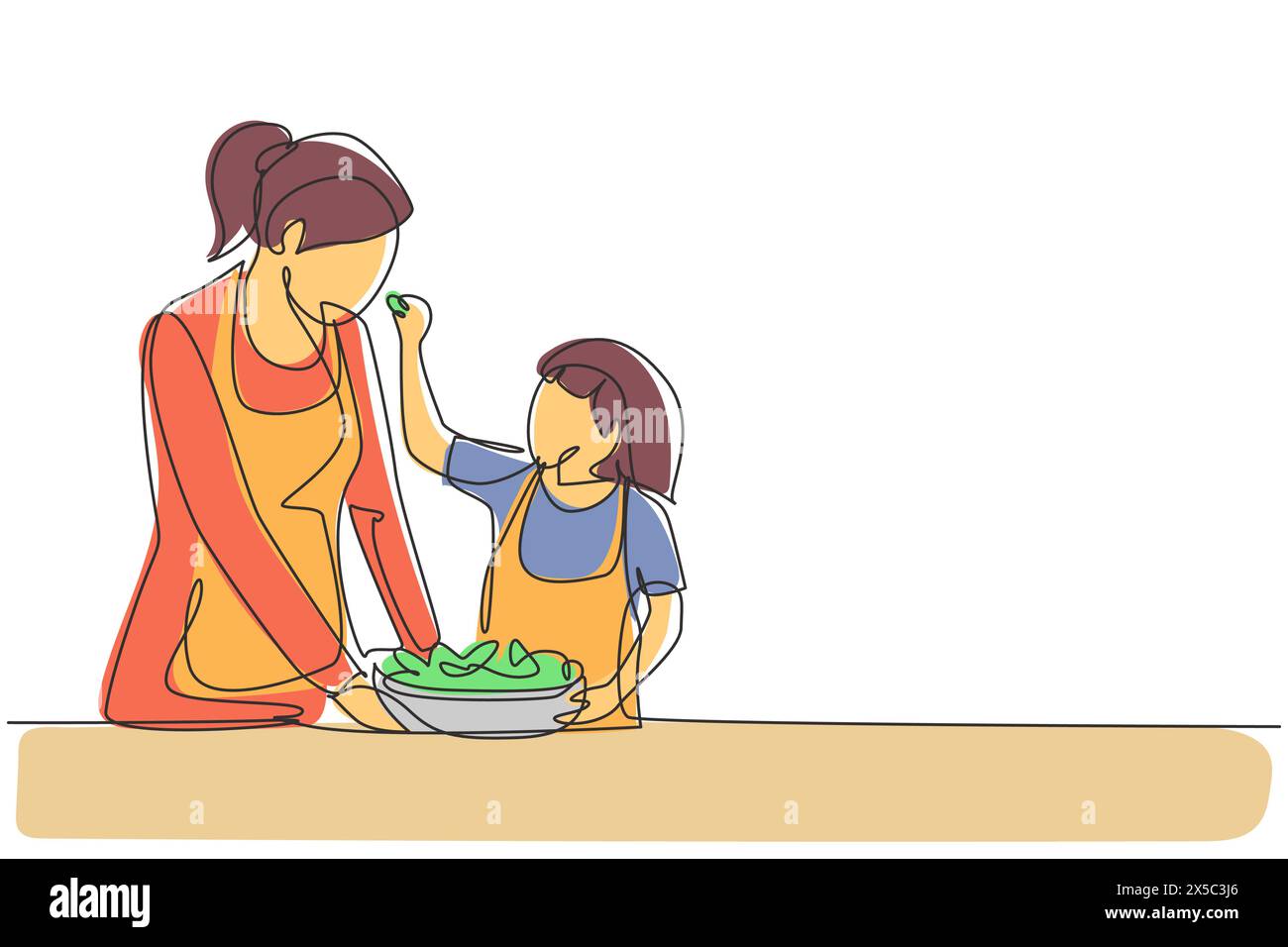 Single one line drawing mother feeds her little daughter food and in front of her is bowl filled with salad. Cooking together in cozy kitchen. Continu Stock Vector