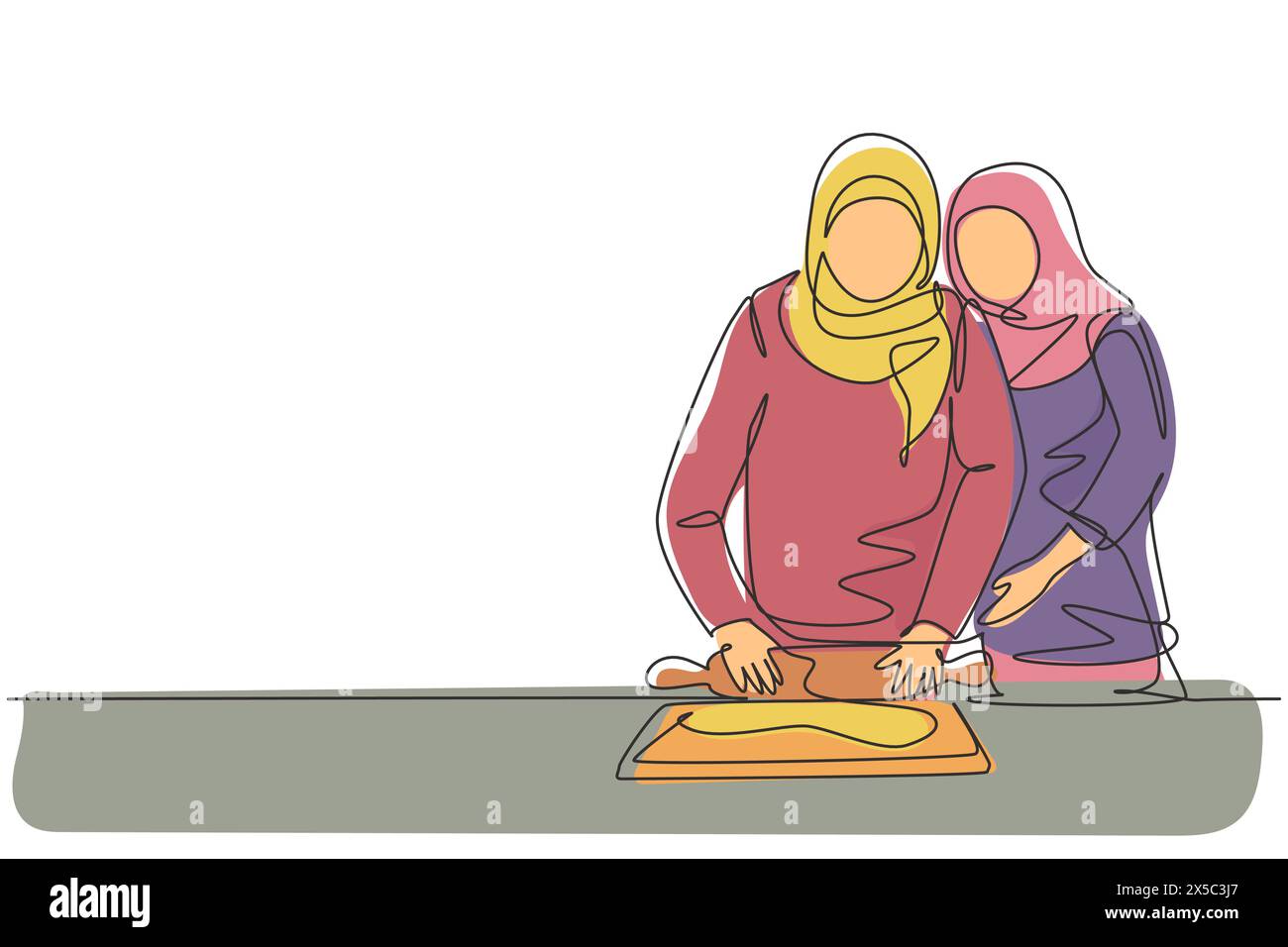 Continuous one line drawing happy Arabian family mother-in-law and daughter-in-law daughter cook in cozy kitchen, knead dough and bake cookies. Single Stock Vector