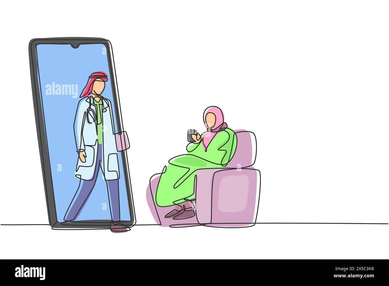 Single one line drawing hijab female patient sitting curled up on sofa, using blanket, holding mug and there is male doctor walking out of smartphone, Stock Vector