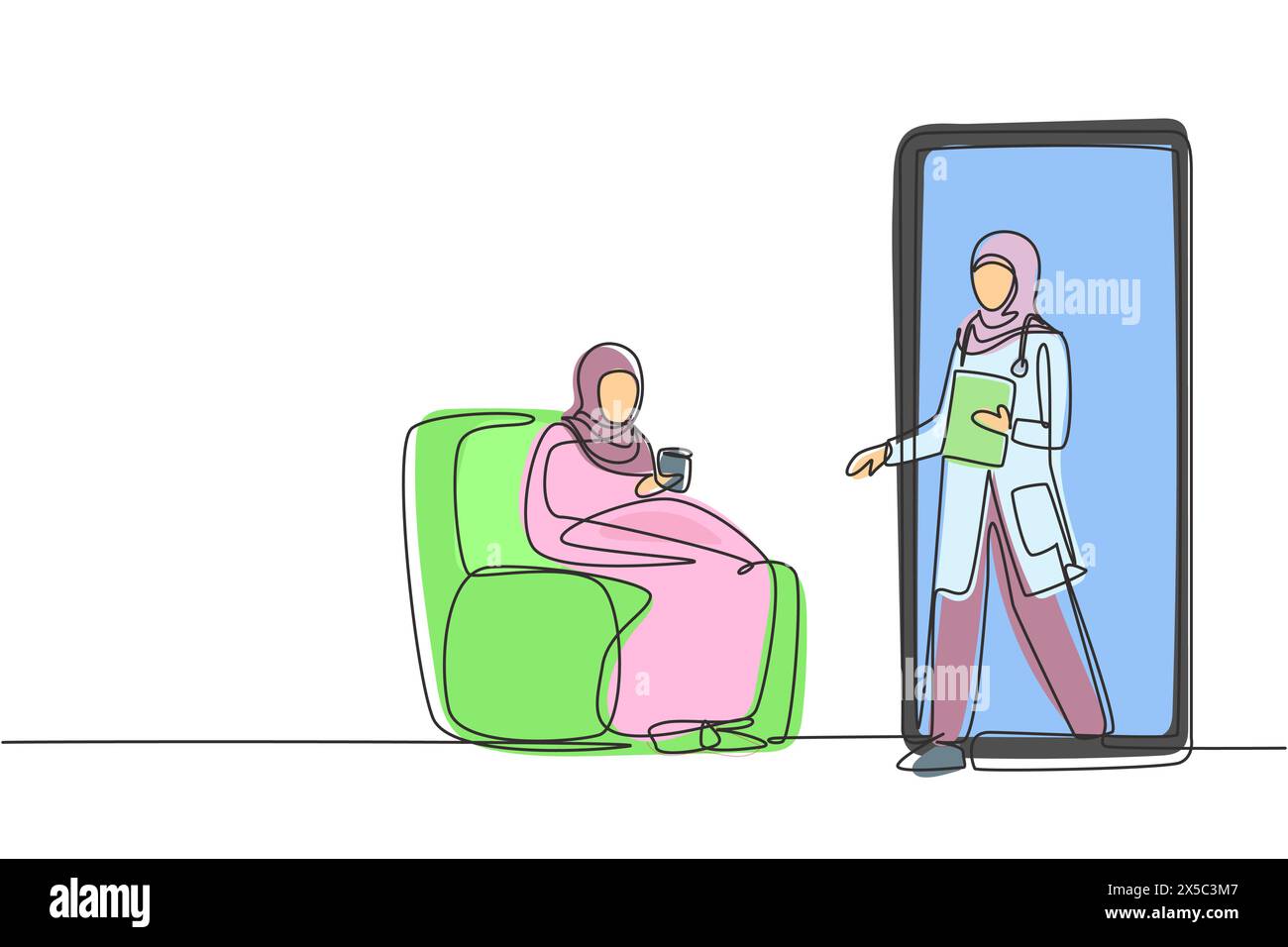 Single continuous line drawing hijab female patient sitting curled up on sofa, using blanket, holding mug and there is female doctor walking out of sm Stock Vector