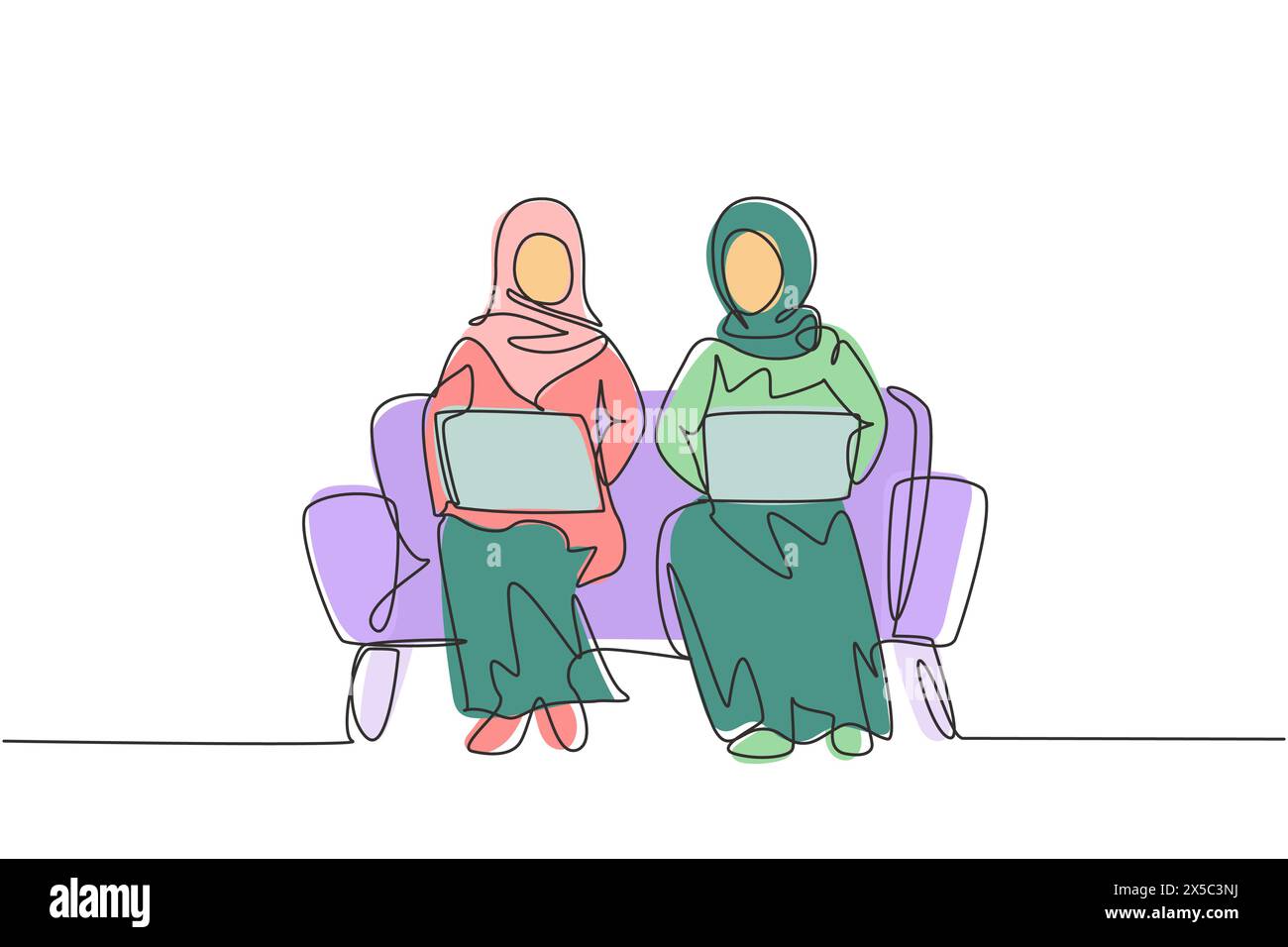 Single one line drawing two Arab woman with laptop sitting on sofa ...