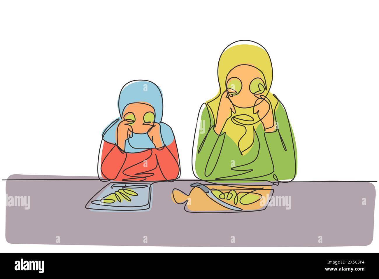 Continuous one line drawing Arabian little daughter and her beautiful mom are holding slices of cucumber and smiling while cooking in cozy kitchen. Si Stock Vector