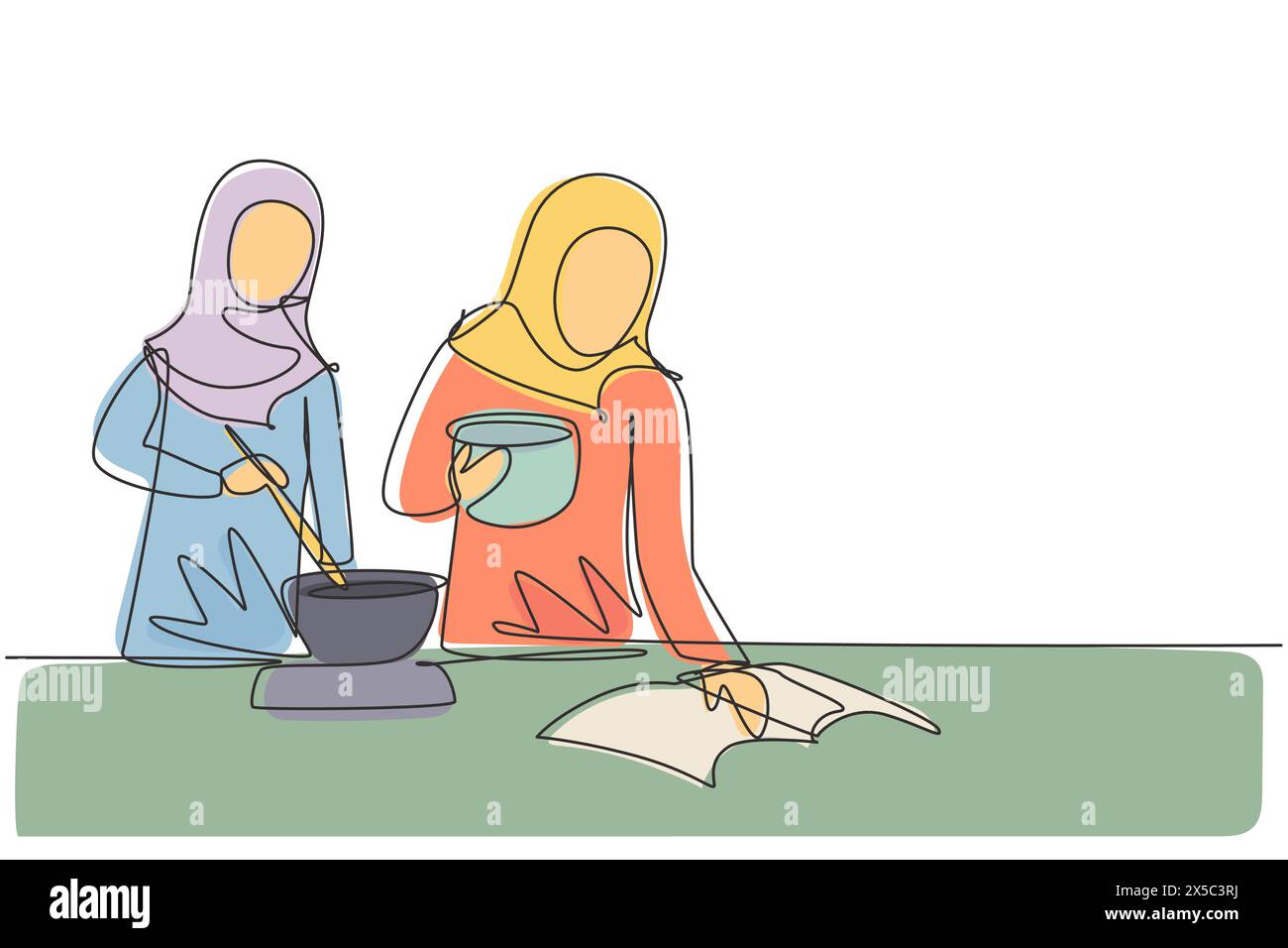 Single one line drawing Arabian woman cooking dinner has video call conversation in kitchen. Female talking with friend using application on laptop. C Stock Vector