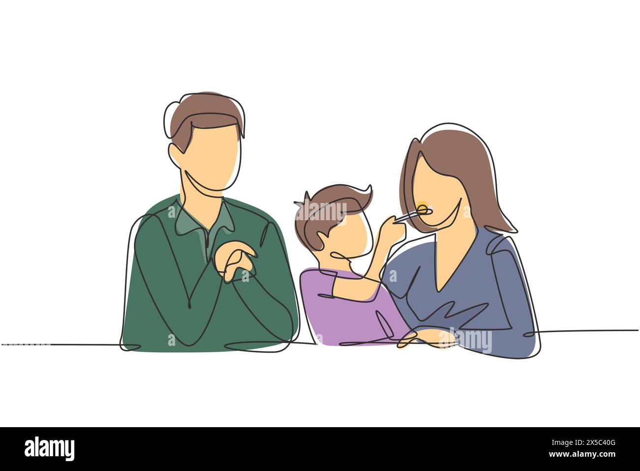 Single one line drawing young family having fun together in modern restaurant. Boy feeds his mother with love. Happy little family concept. Continuous Stock Vector