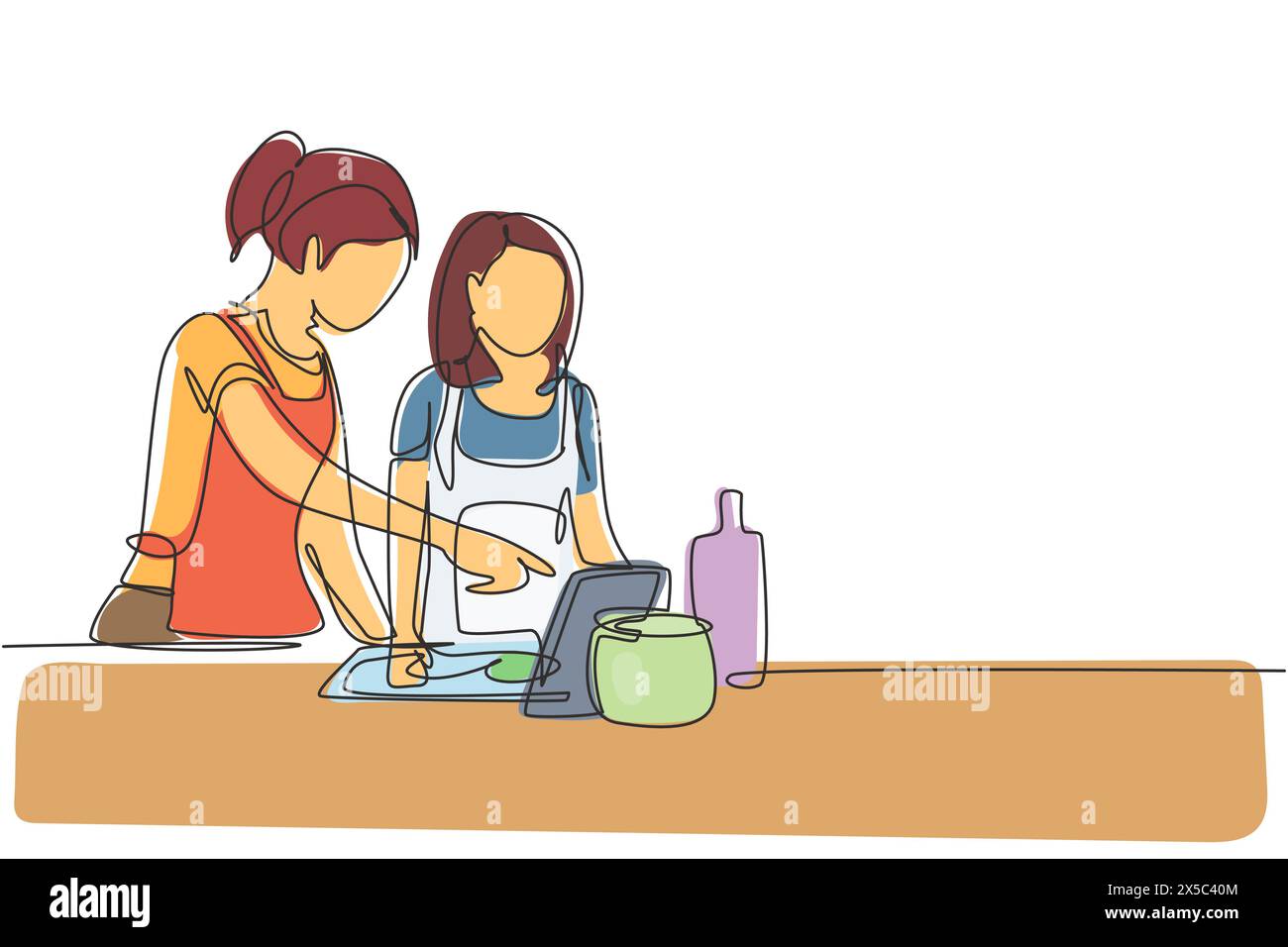 Continuous one line drawing happy mother and daughter cooking together while watching tutorial from tablet. Learn to cook with modern technology. Sing Stock Vector