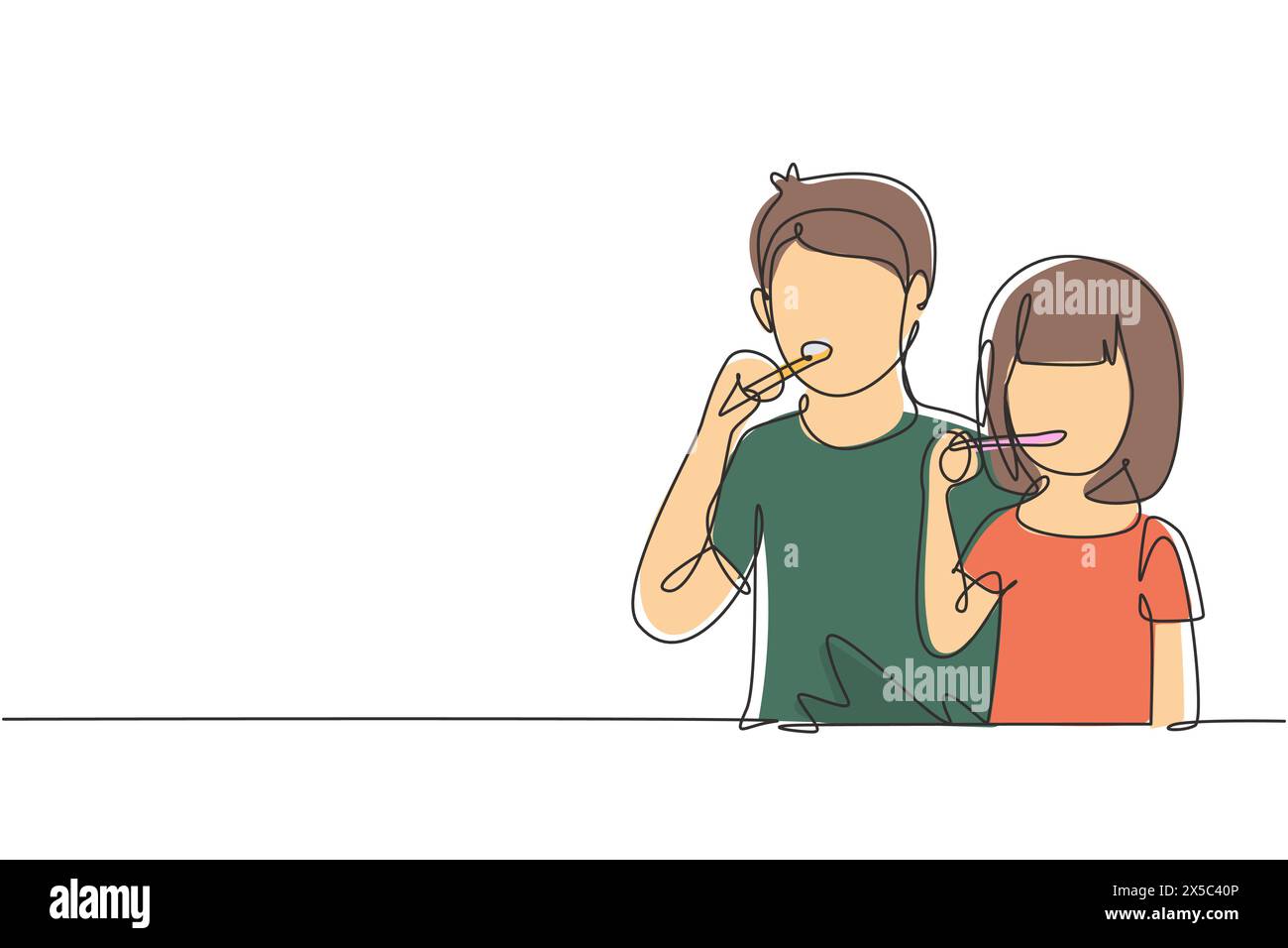 Single continuous line drawing two boys and girls are brushing their teeth in bathroom. Routine habits for cleanliness and health of mouth and teeth. Stock Vector