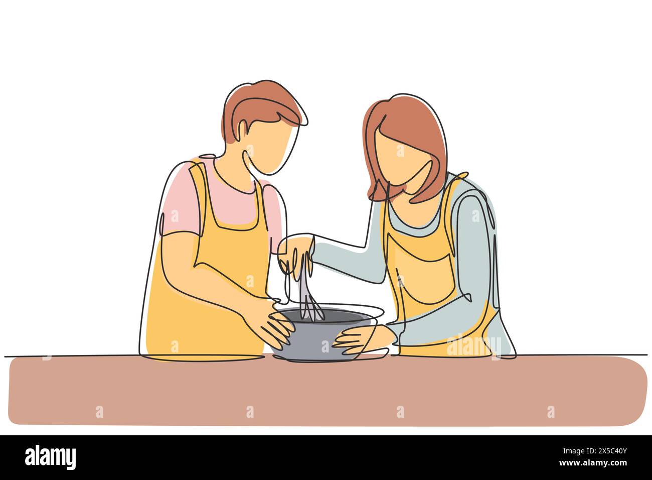 Single continuous line drawing happy romantic couple knead cake dough