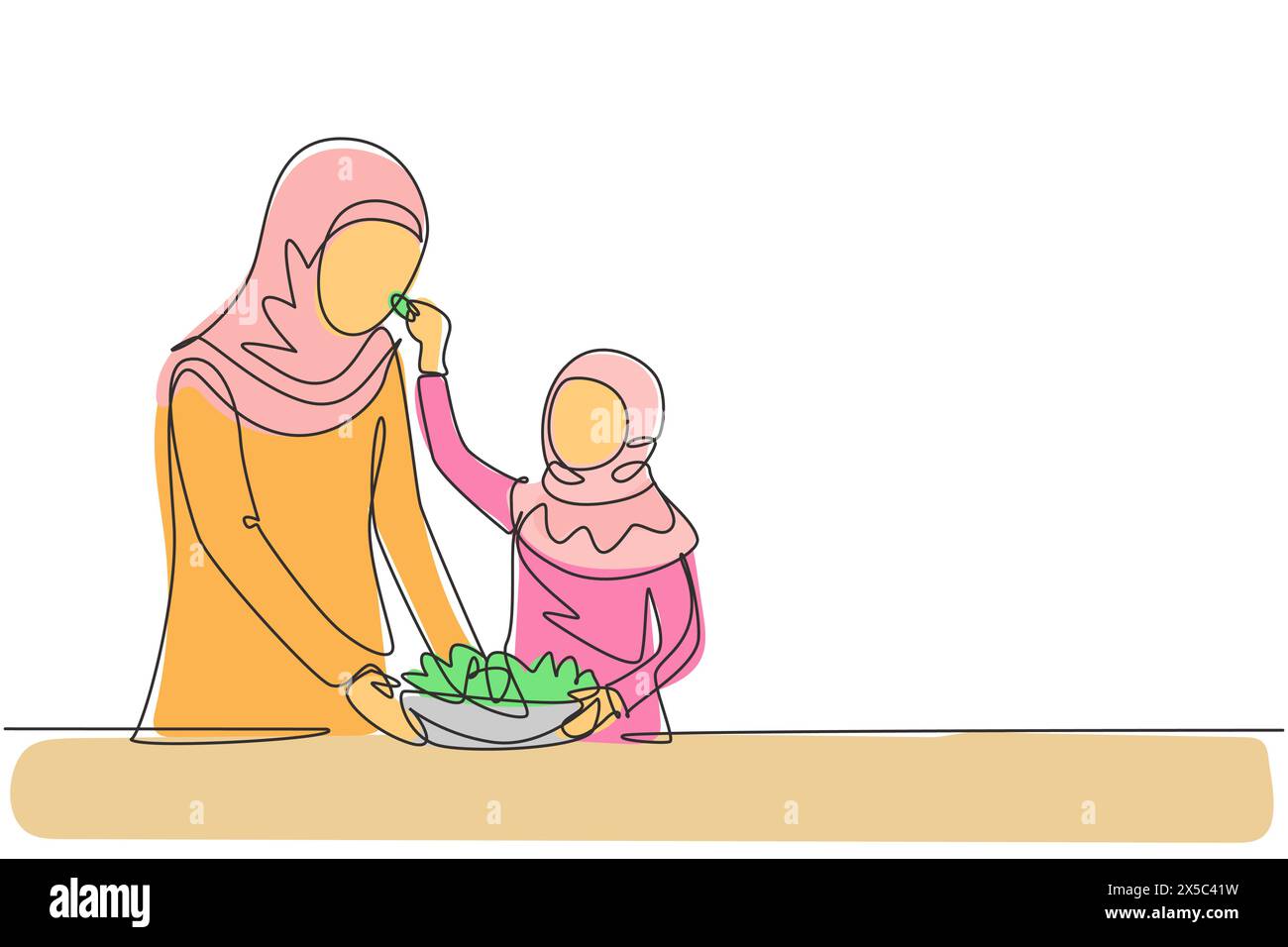Single continuous line drawing Arabian mother feeds her daughter food and in front of her is bowl filled with salad. Cooking together in cozy kitchen. Stock Vector